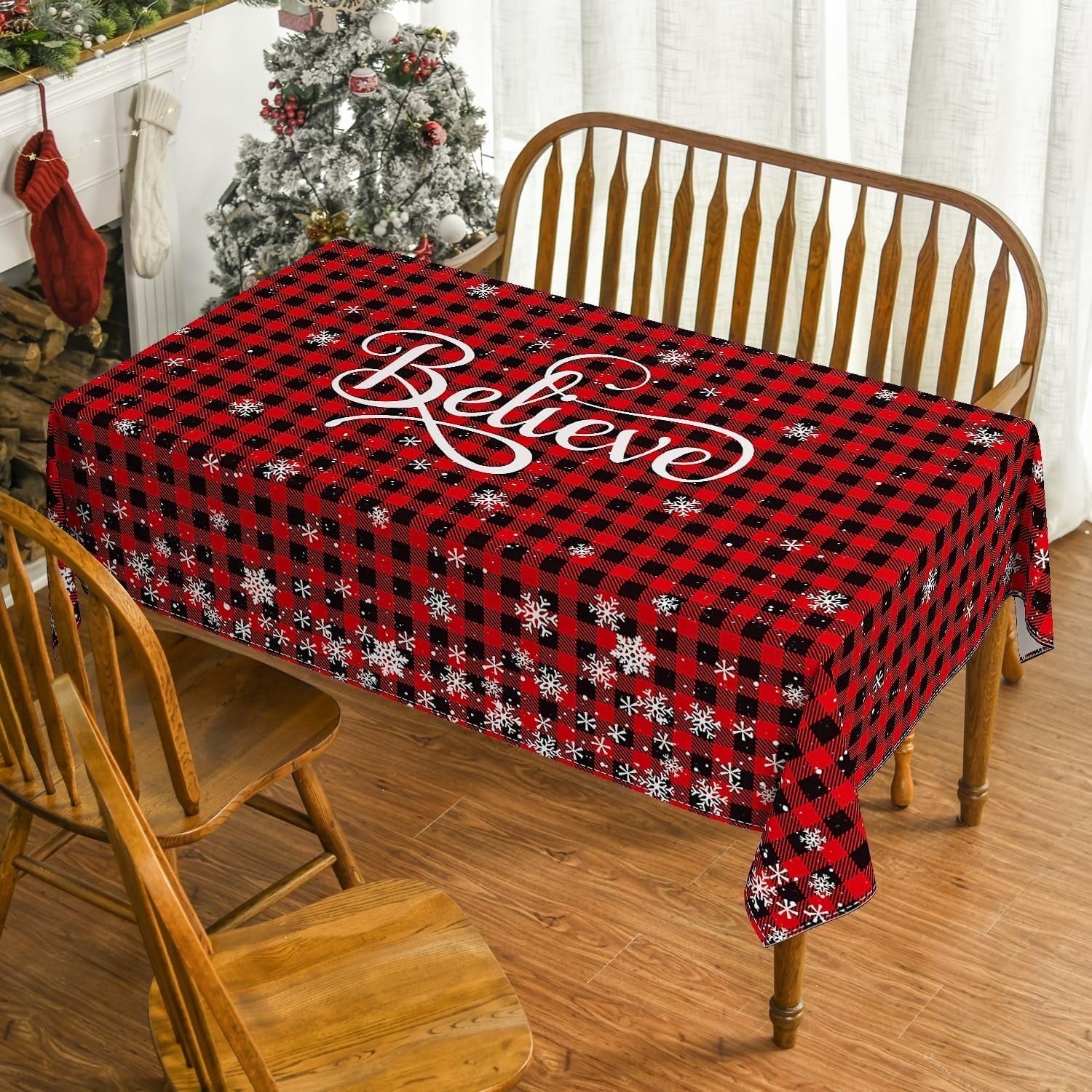 Sm:)e Believe Buffalo Check Plaid Snowflake Christmas Winter Table Cloth 52 x 70 Inch