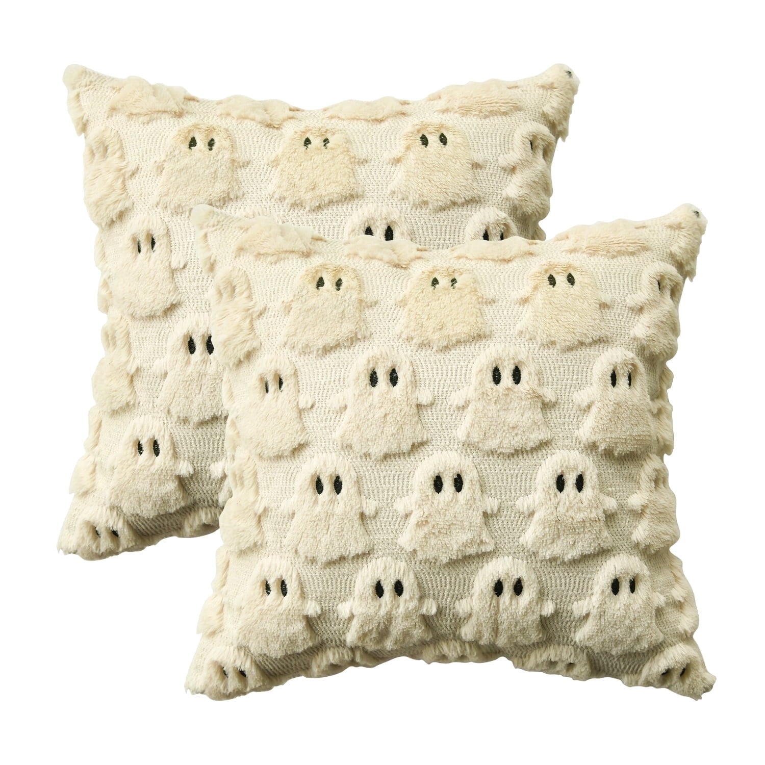 Sm:)e Halloween Goost Plush Faux Fur Jacquard Throw Pillow Cover 18x18 Inch Beige, Set of 2 Silky Soft Seasonal Cushion Case for Sofa Couch