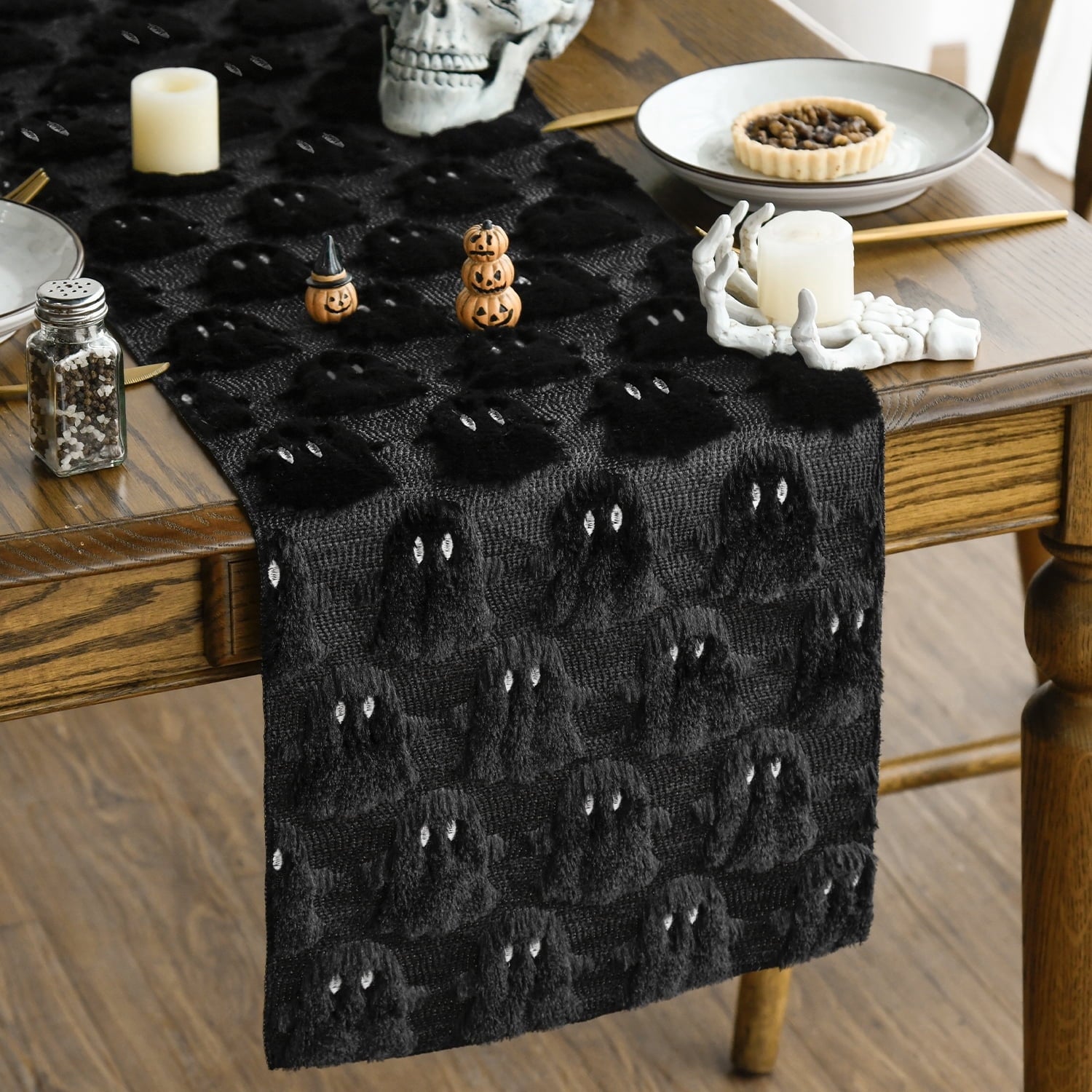 Sm:)e Black Ghost Halloween Table Runner 13x72 Inch, Soft Plush Faux Fur Mantel Kitchen Dining Table Decor, Halloween Home Party Decor