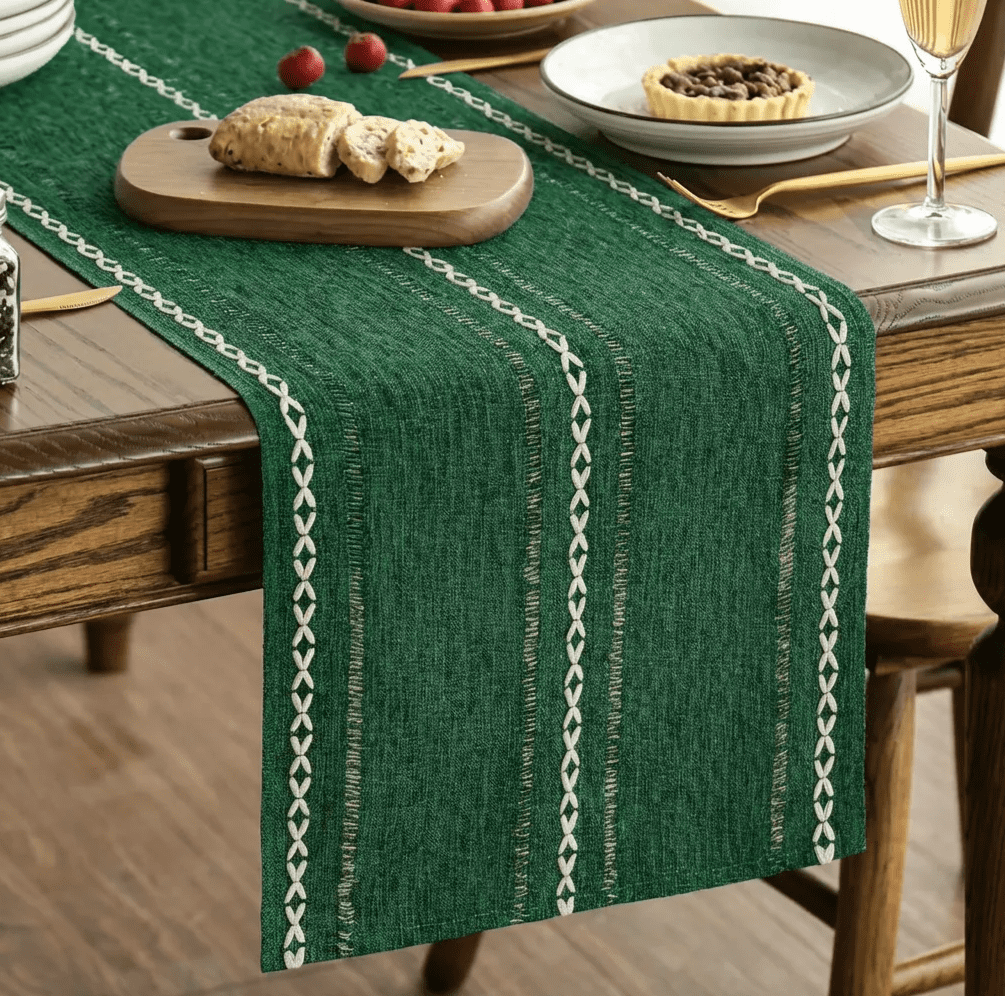 Sm:)e Linen Table Runner for Dining Table 12 x 108 inch Green Linen Style Rustic Farmhouse Hollow Kitchen Dining Room Decoraton