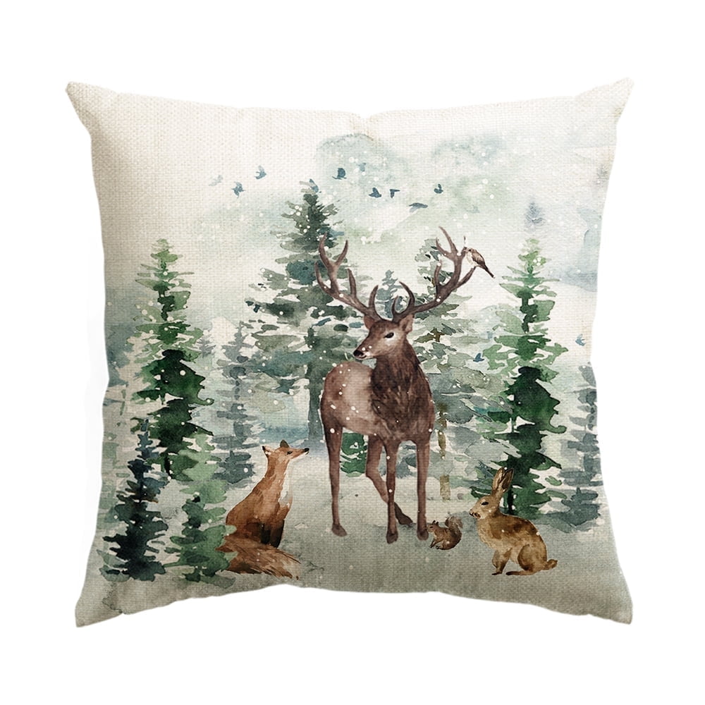Sm:)e Watercolor Deer Winter Pillow Cover 18x18 Inch, Winter Holiday Decor for Sofa