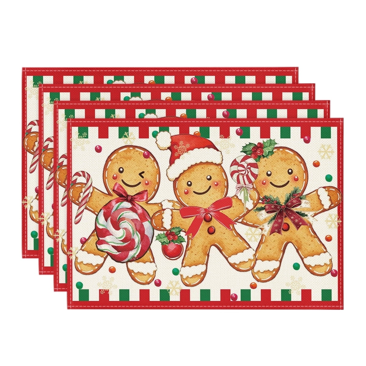 Smile Gingerbread Candy Cane Christmas Placemats Set of 4, 12x18 Inch Seasonal Table Mats