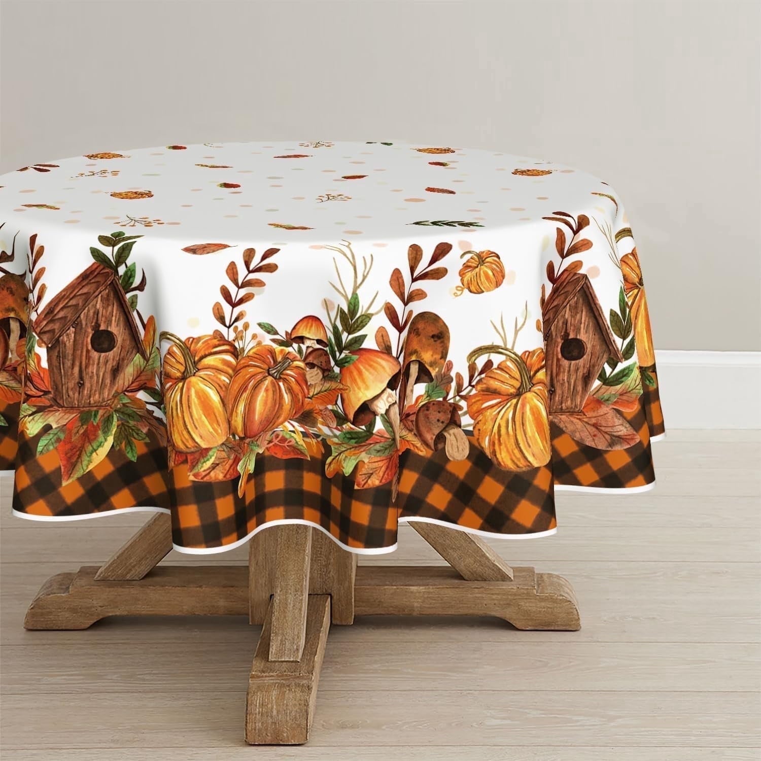 Sm:)e Buffalo Plaid Fall Thanksgiving Table Cloth 70 Inch Round, Pumpkin Birdhouse Mushroom Orange