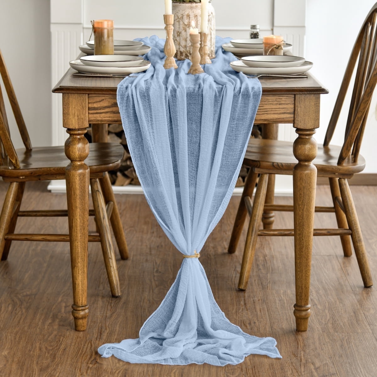Sm:)e Ice Blue Cheesecloth Table Runner 31 x 118 Inch Rustic Gauze Boho Chair Sashes for Bridal Shower Wedding Party Catering Home Decoration Supplies