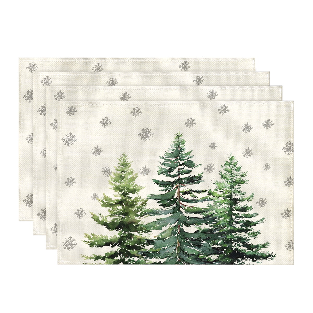 Smile Beige Pine Tree Snowflake Merry Christmas Placemats Set of 4, 12x18 Inch Seasonal Winter Xmas Holiday Table Mats