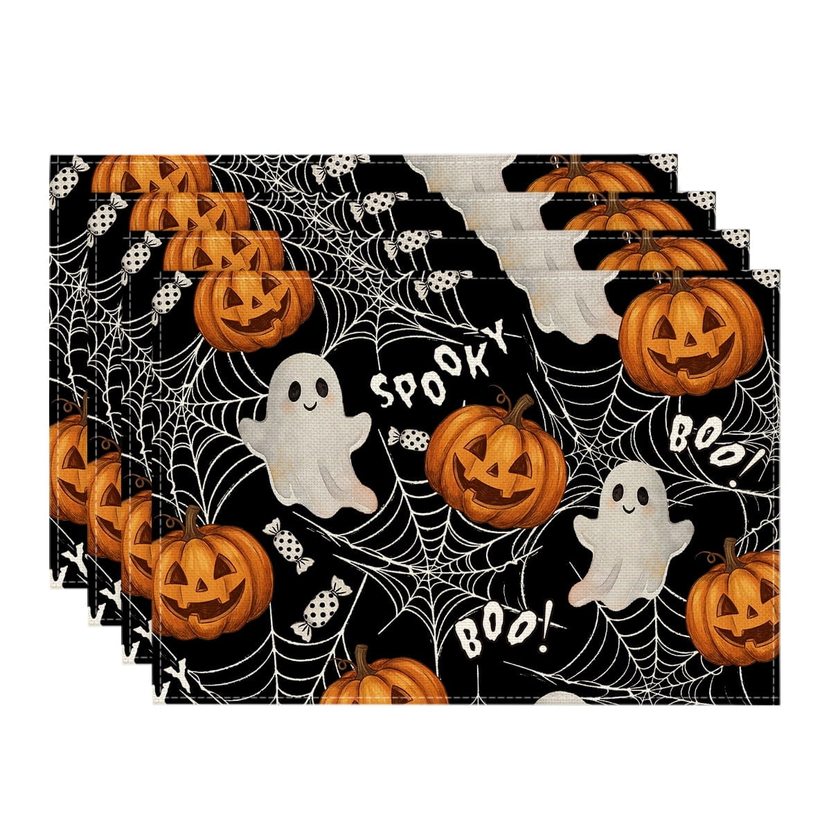 Sm:)e Boo Ghost Pumpkins Spider Halloween Placemats Set of 4, 12x18 Inch Holiday Table Mats for Indoor Outdoor Party Dining Decoration