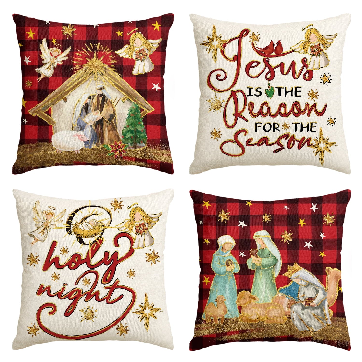 Sm:)e Red Black Buffalo Plaid Merry Bright Christmas Throw Pillow Covers, 18 x 18 Inch Winter Holiday Cushion Case Decoration for Sofa Couch Set of 4