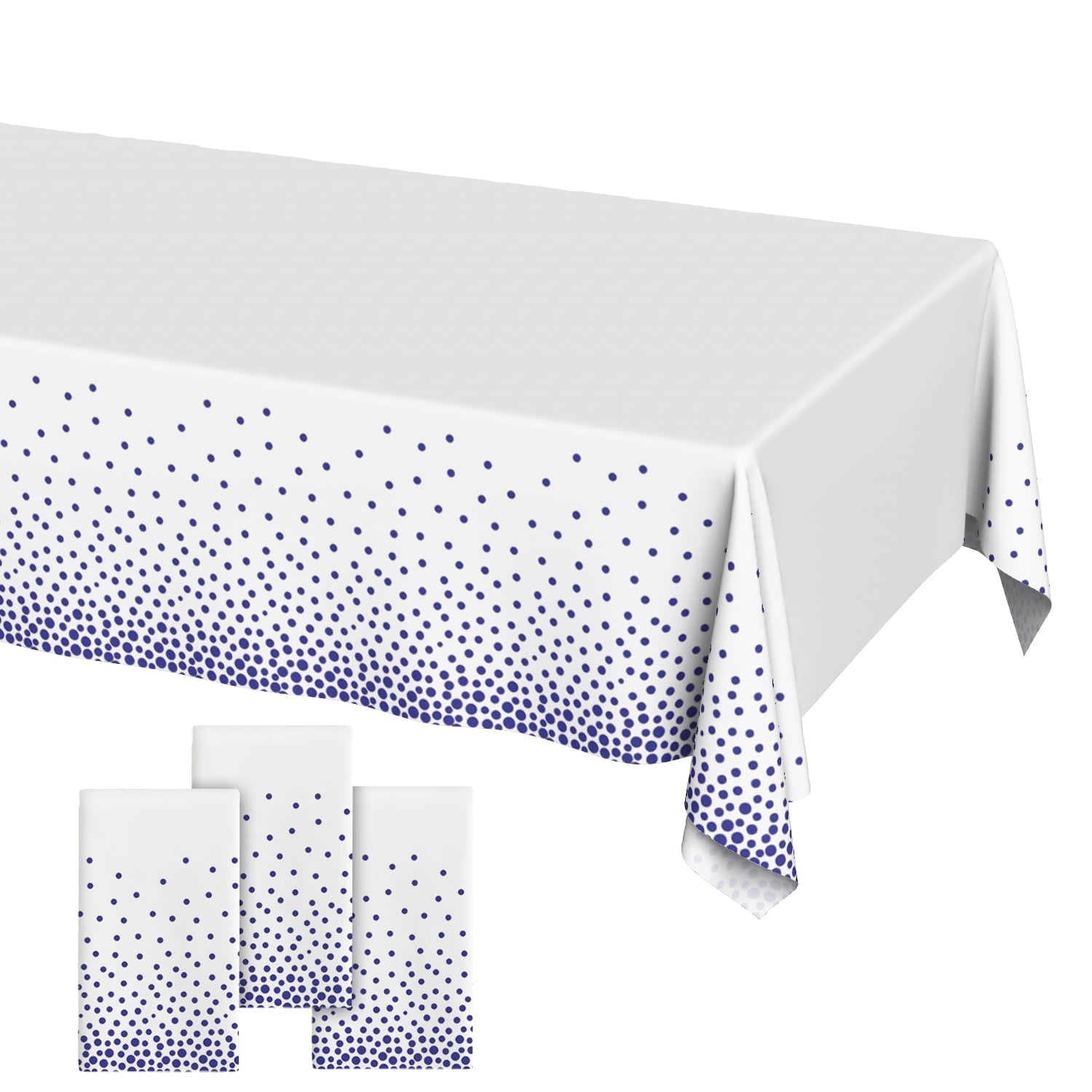 Plastic Table Cloth Disposable 3 Pack, 54 x 108 Inch, White, Blue Dot, for Party Picnic Wedding