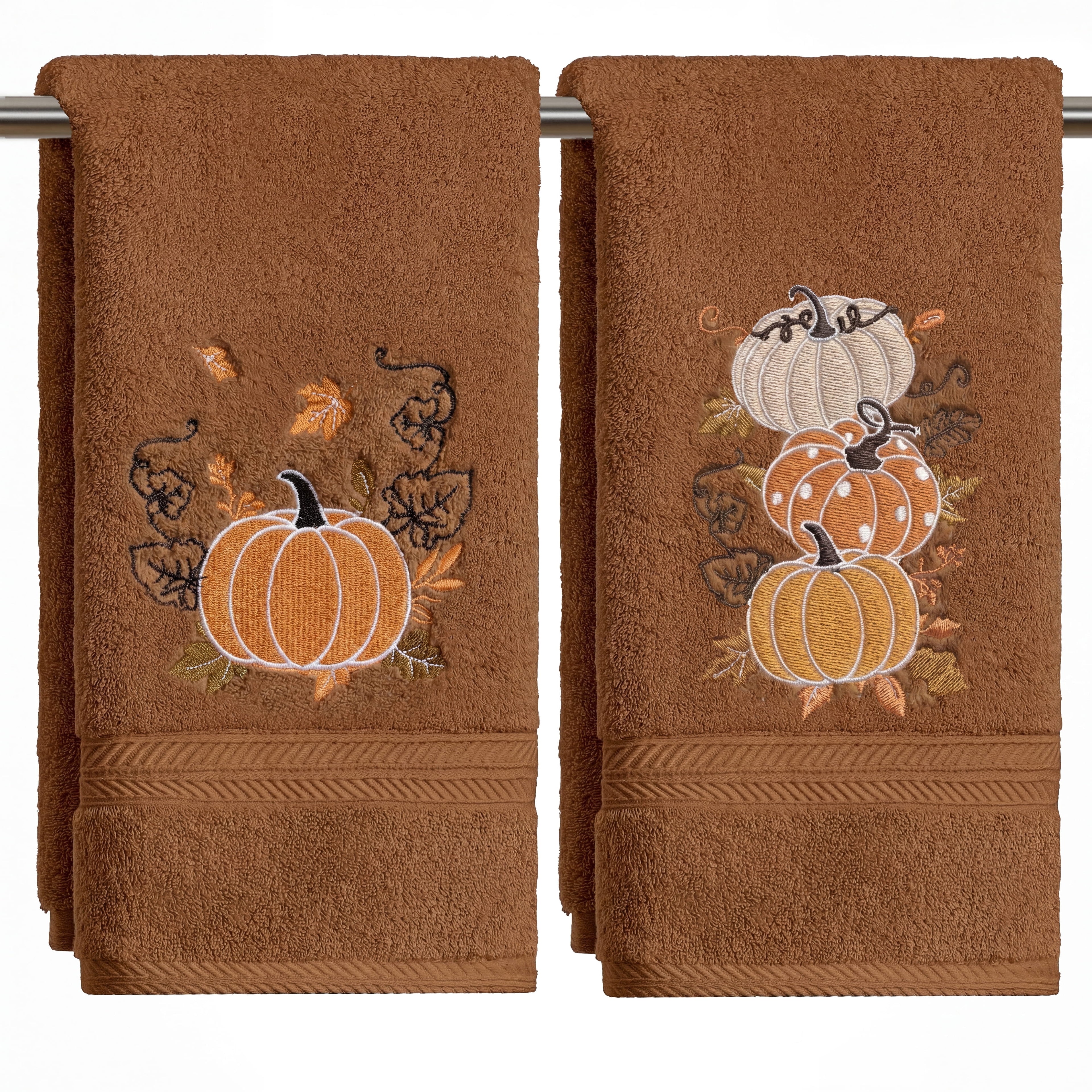 Sm:)e 2 Pcs Single & Tiered Pumpkin Maple Foliage Curly Vine Embroidered Fall Hand Towels, 100% Cotton Absorbent Kitchen Scouring Towels, 18 x 26 Inch