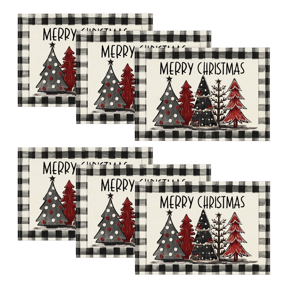 Smile Buffalo Plaid Christmas Trees Winter Placemats Set of 6, 12 x 18 Inch