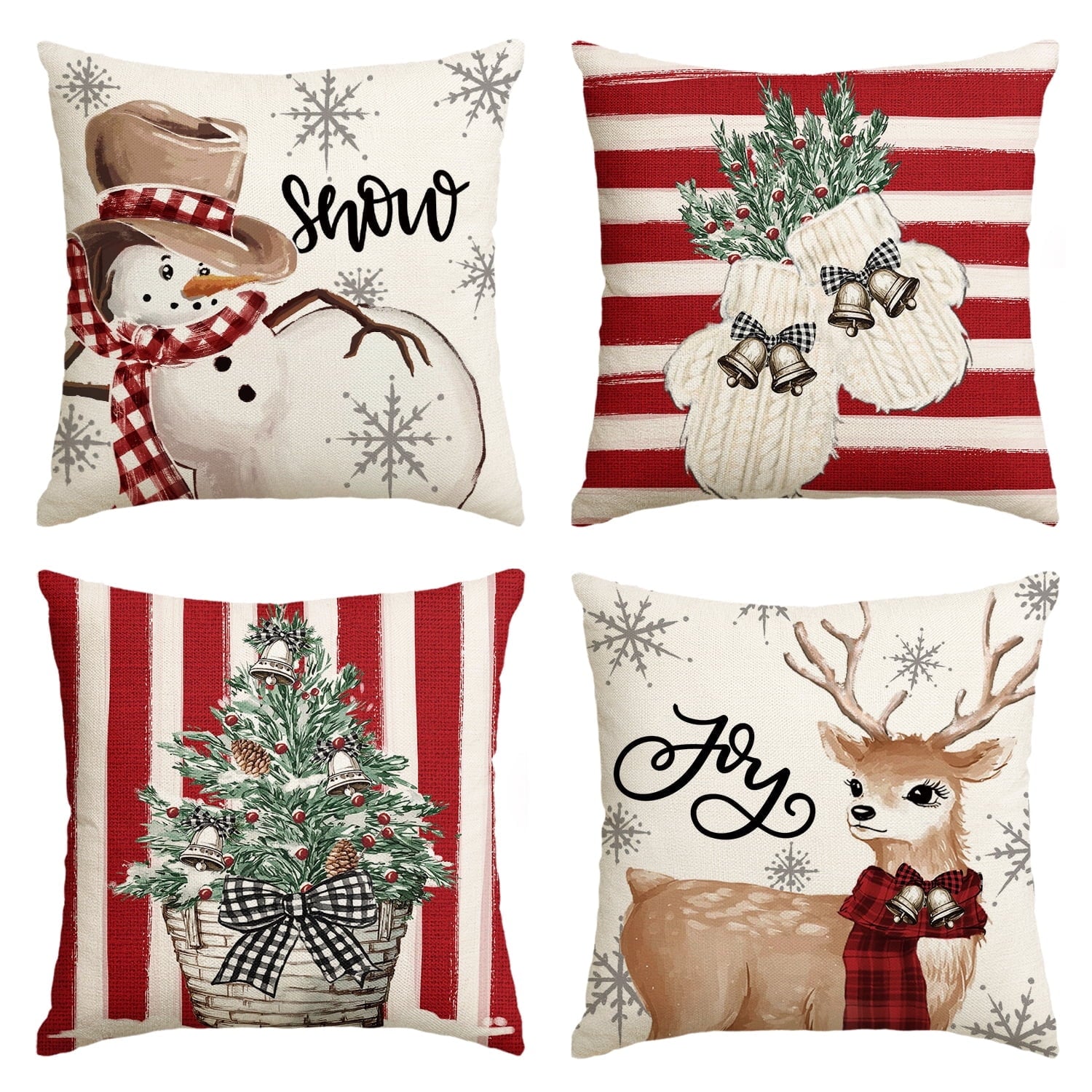 Sm:)e Christmas Snowman Reindeer Gloves Eucalyptus Throw Pillow Covers Red, 16 x 16 Inch Winter Holiday Stripes Cushion Case Decoration for Sofa Couch Set of 4