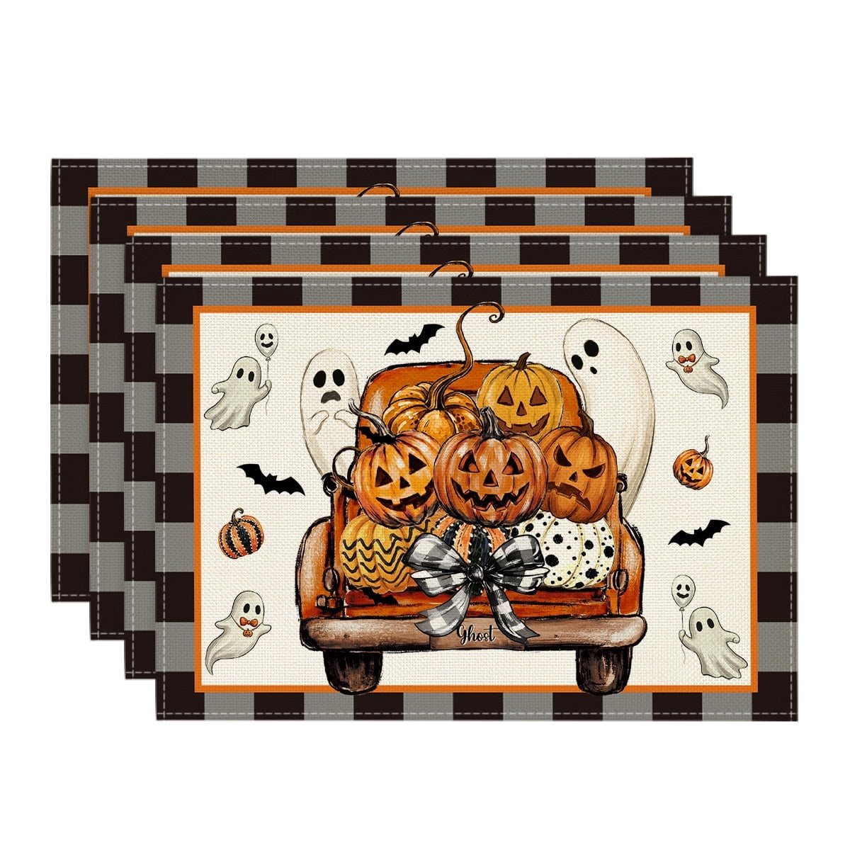 Sm:)e Truck Pumpkin Ghost Plaid Bow Bat Halloween Placemats Set of 4, 12x18 Inch Holiday Table Mats for Indoor Outdoor Party Dining Decoration