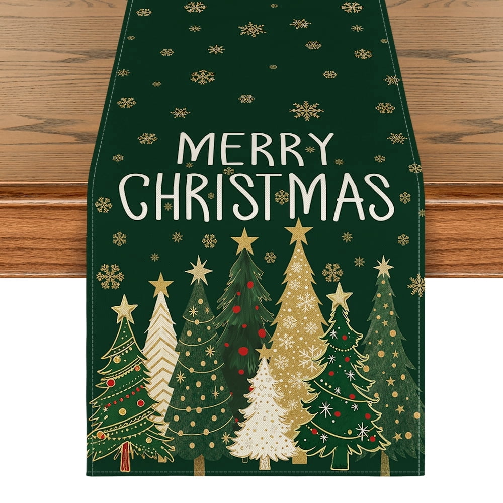 Sm:)e Black Red White Tree & Snowflake Pattern Green Christmas Table Runner , 13 x 72 Inches Farmhouse Table Decor, Universal for Indoor Outdoor Kitchen, Home & Party Decoration