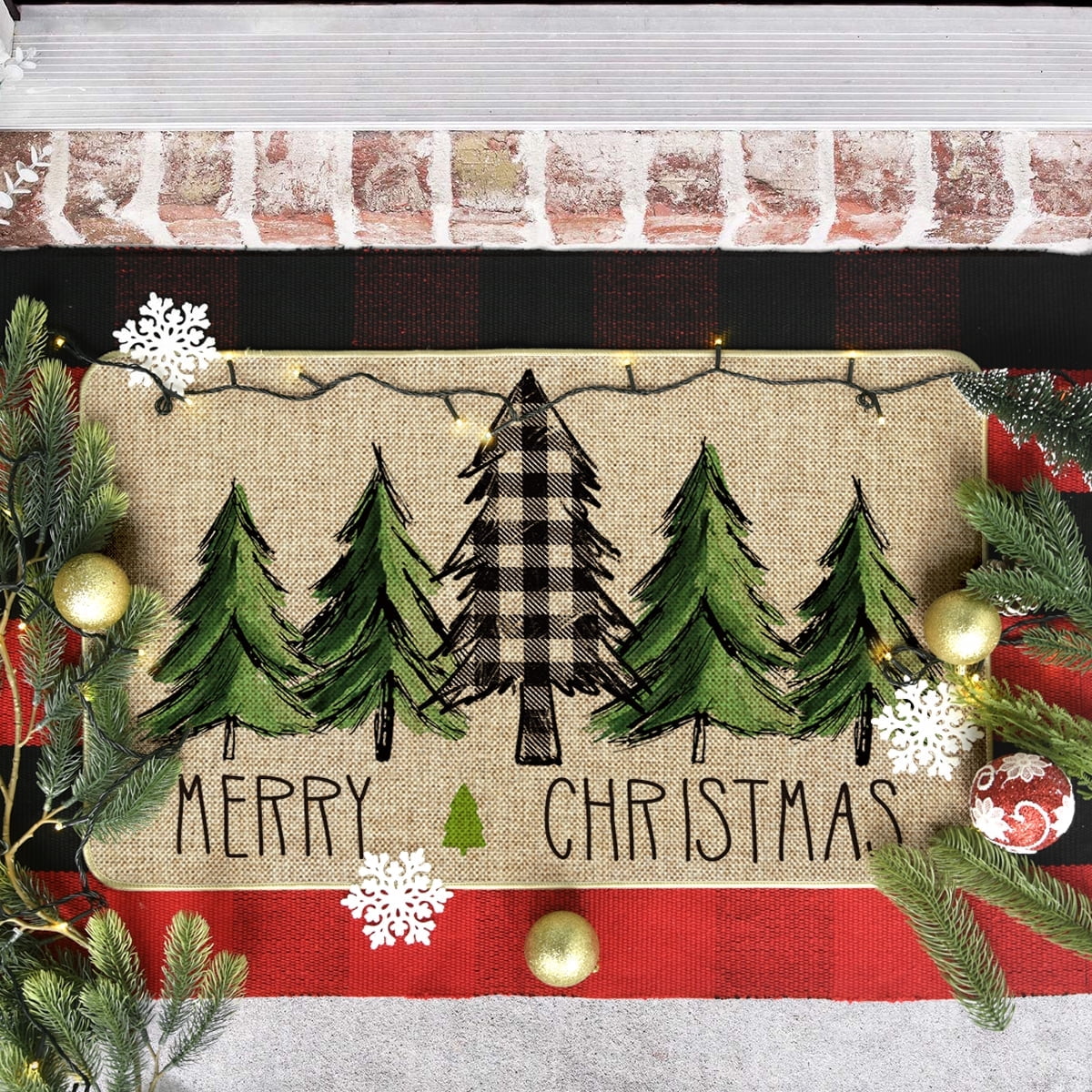 Sm:)e Merry Christmas Trees Christmas Decorative Doormat, Seasonal Winter Christmas Holiday Low-Profile Floor Mat Switch Mat for Indoor Outdoor 17 x 29 Inch