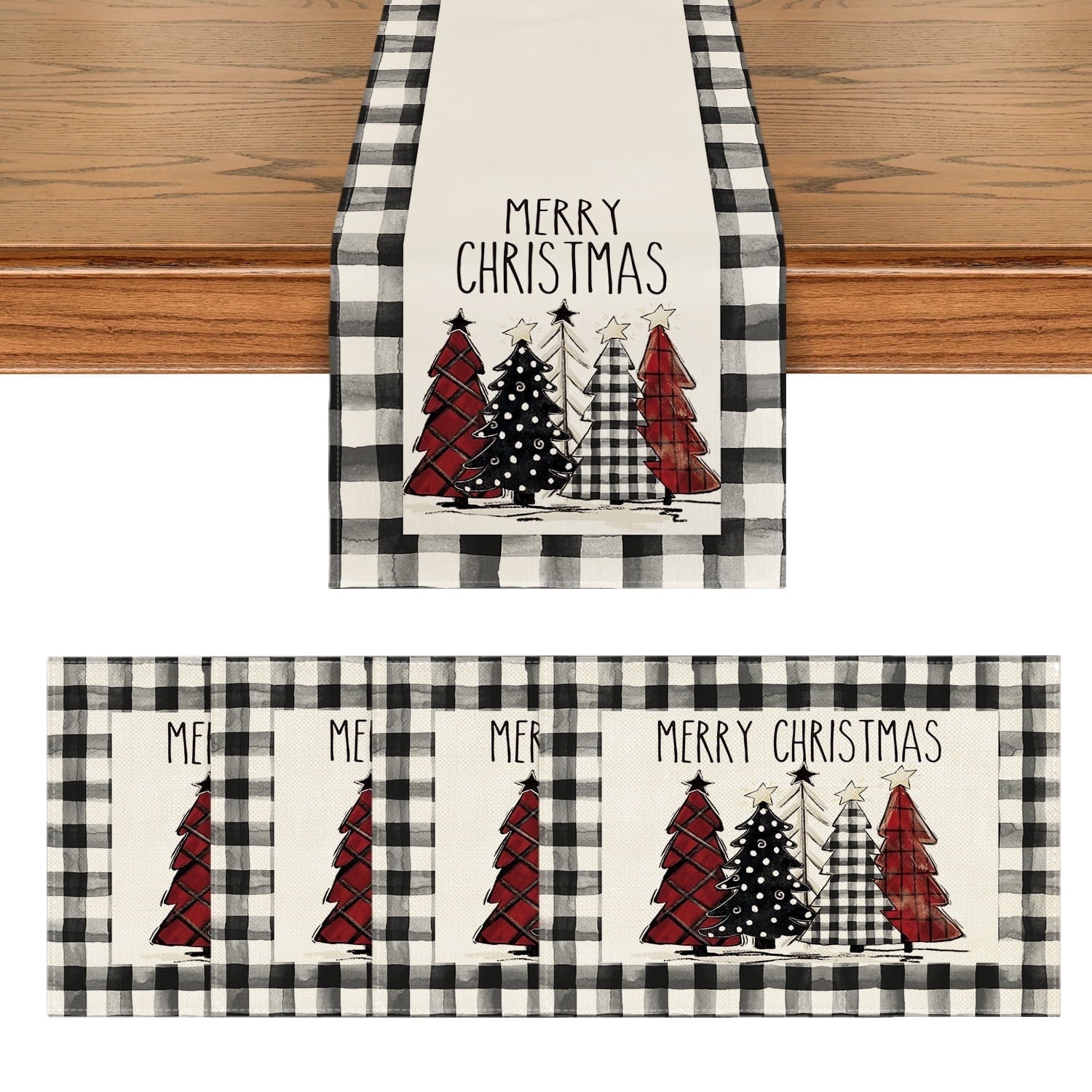 Smile Christmas Tree Buffalo Plaid Table Runner and Placemats, 13 x 72 Inch, 12 x 18 Inch