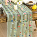 Sm:)e Sage Green Daisy Gauze Table Runner 120 Inches (10 Feet), Seasonal Sheer Decor for Kitchen & Dining Spaces, Ideal for Holidays, Weddings, Birthdays & Home Parties