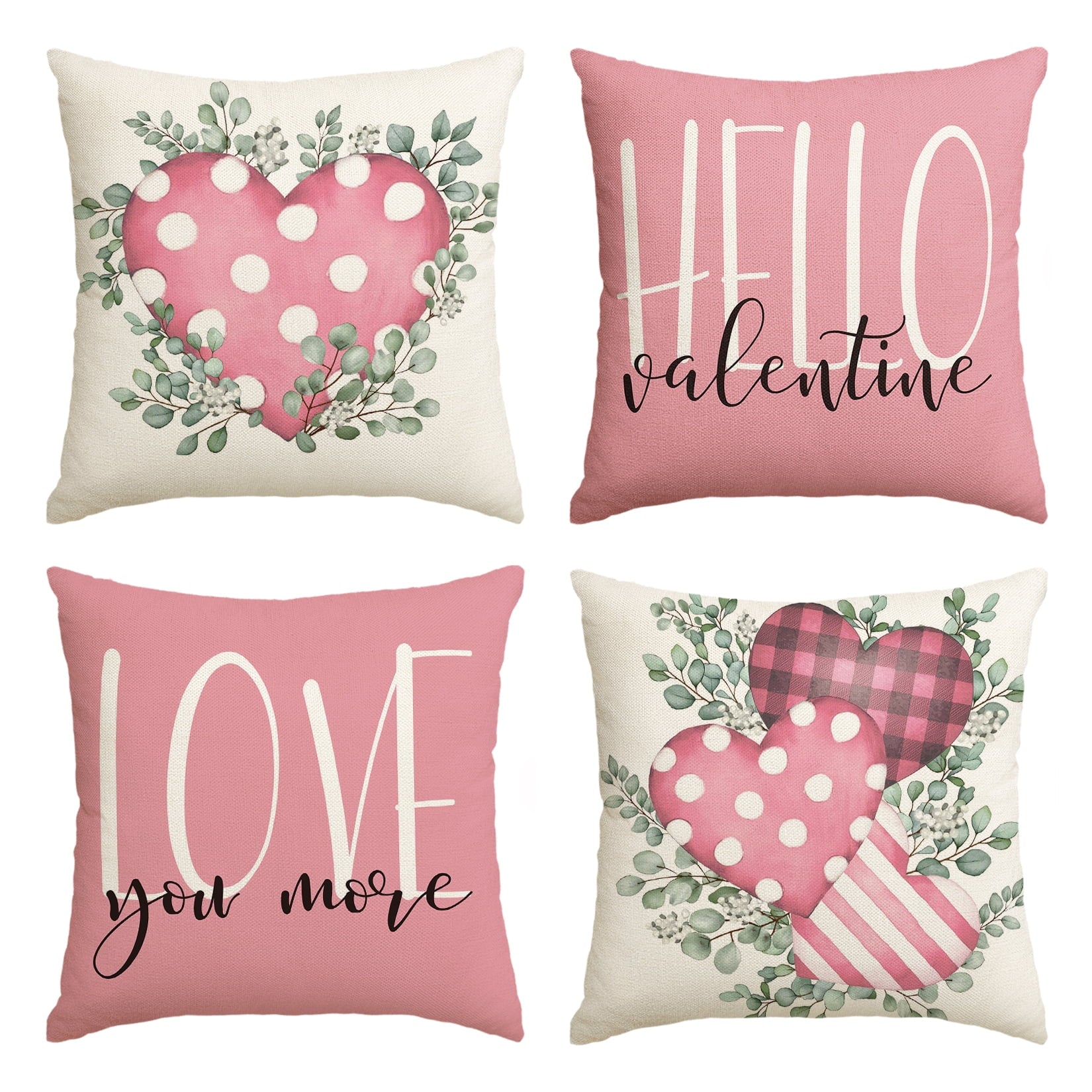 Sm:)e Love You More Eucalyptus Leaves Valentine Pink Throw Pillow Covers Set of 4, 18 x 18 Inch Buffalo Plaid Polka Dot Stripes Love Hearts Cushion Case Decoration for Sofa Couch