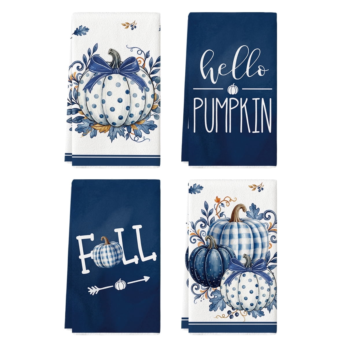 Sm:)e Blue White Checkered Pumpkin Fall Dish Towels Set of 4, 18x26 Inch Thanksgiving Farmhouse Decoration Hand Towels
