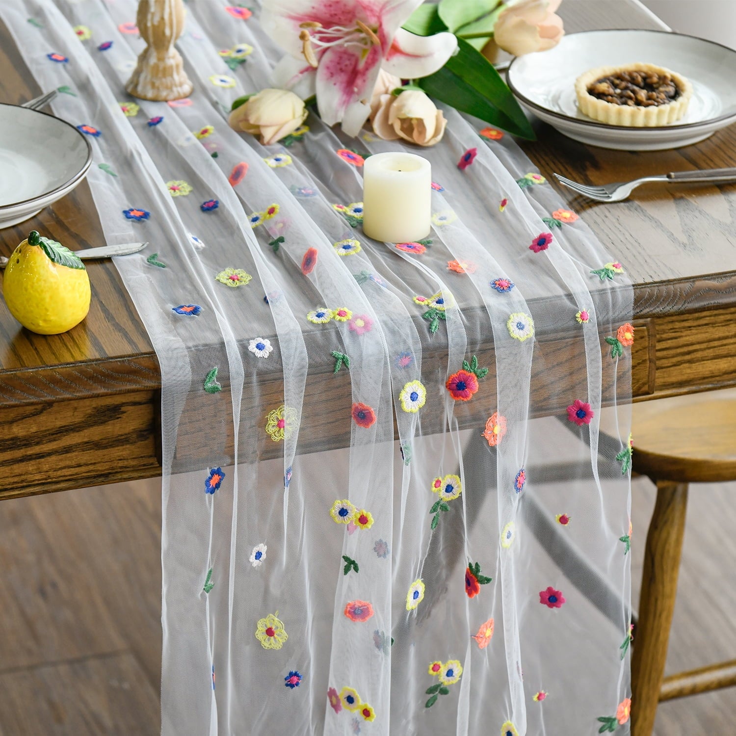Sm:)e 3PC Embroidered Daisy Gauze Table Runner 120 Inches (10 Feet), Seasonal Sheer Decor for Kitchen & Dining Spaces, Ideal for Holidays, Weddings, Birthdays & Home Parties