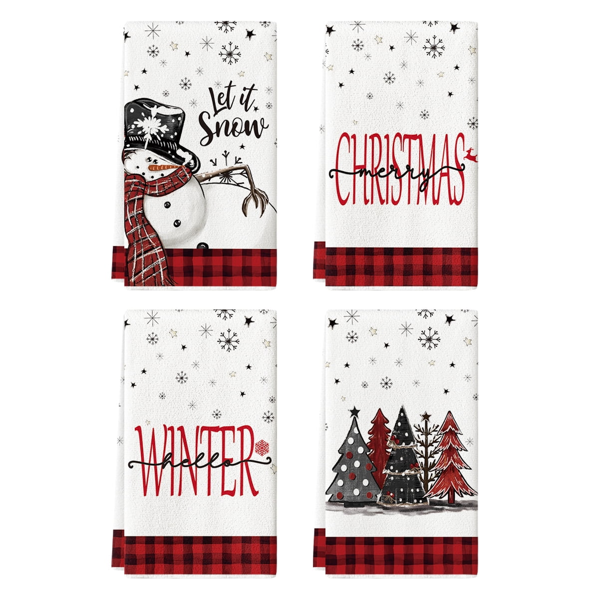 Sm:)e Black Red Buffalo Plaid Snowman Xmas Trees Christmas Kitchen Dish Towels 18 x 26 Inch Set of 4