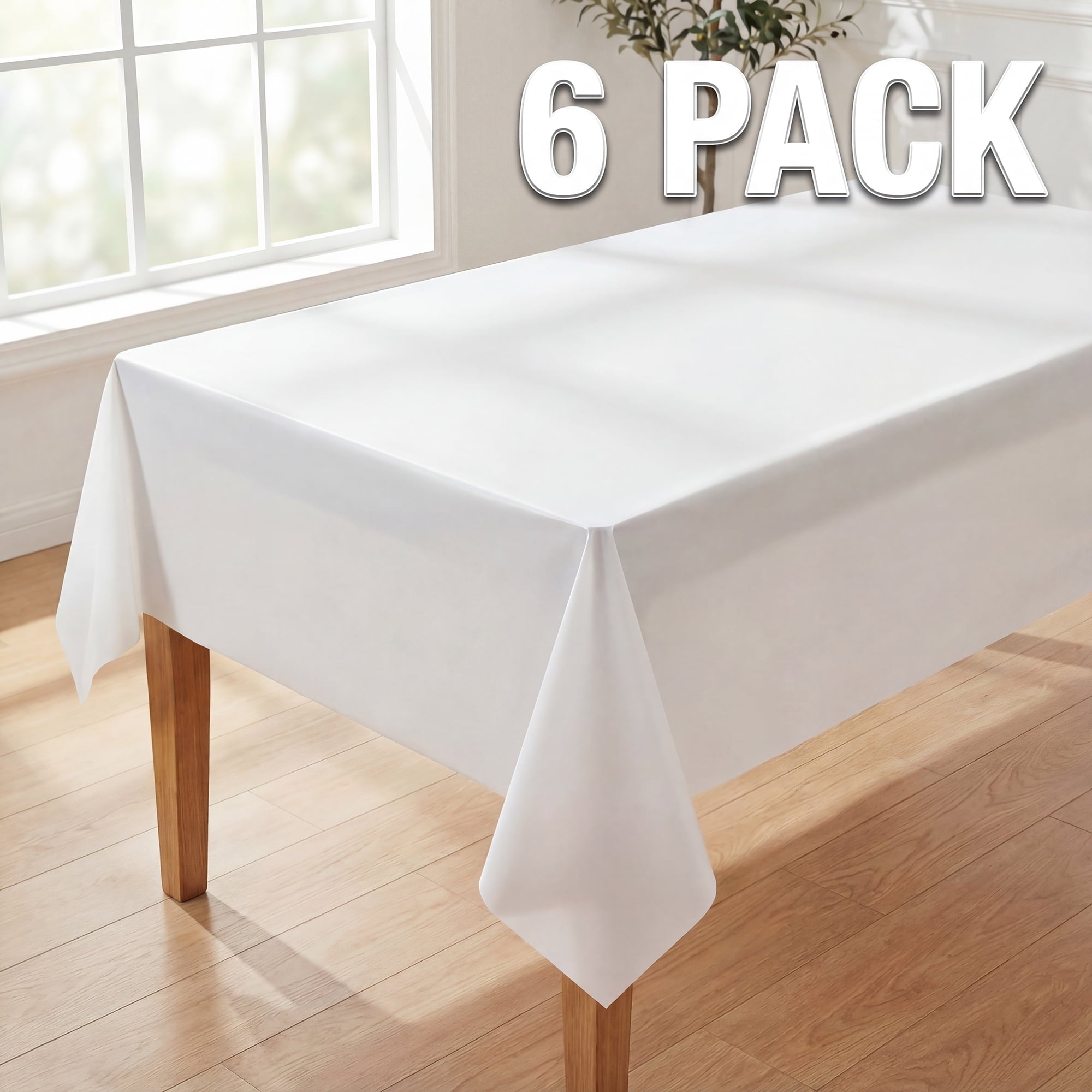 Plastic Table Cloth Disposable 6 Pack, 54 x 108 Inch, White, for Party Picnic Wedding