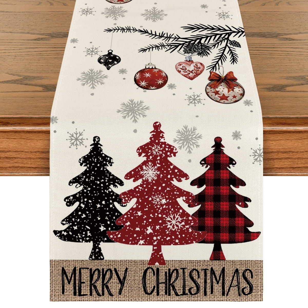 Smile Red Pine Trees Merry Christmas Table Runner, Winter Xmas Holiday Kitchen Dining Table Decoration for Home Party Decor 13x36 Inch