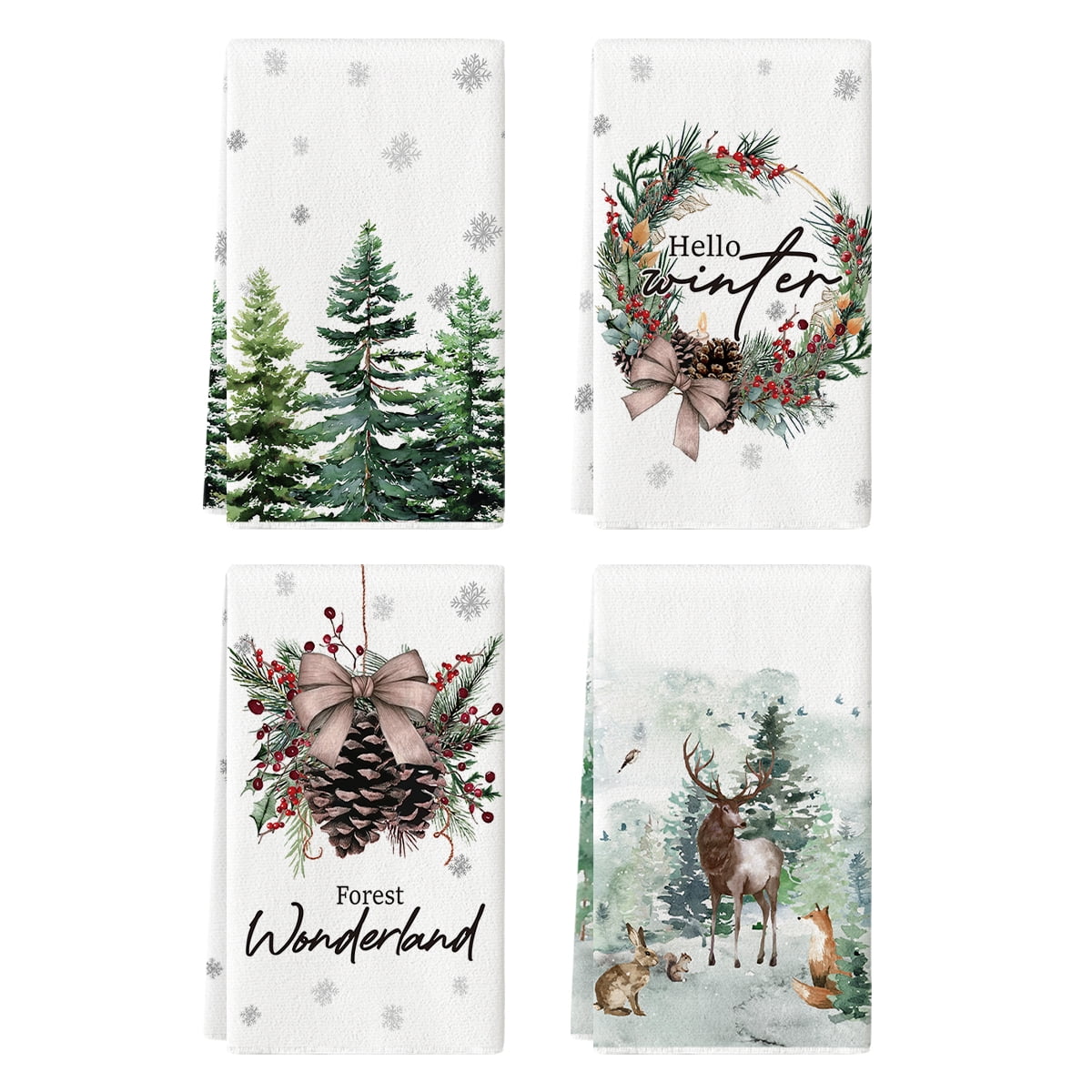 Sm:)eElk Trees Pine Cones Holly Berry Hello Winter Kitchen Towels Dish Towels, 18x26 Inch Bowknot Christmas Decoration Hand Towels Set of 4