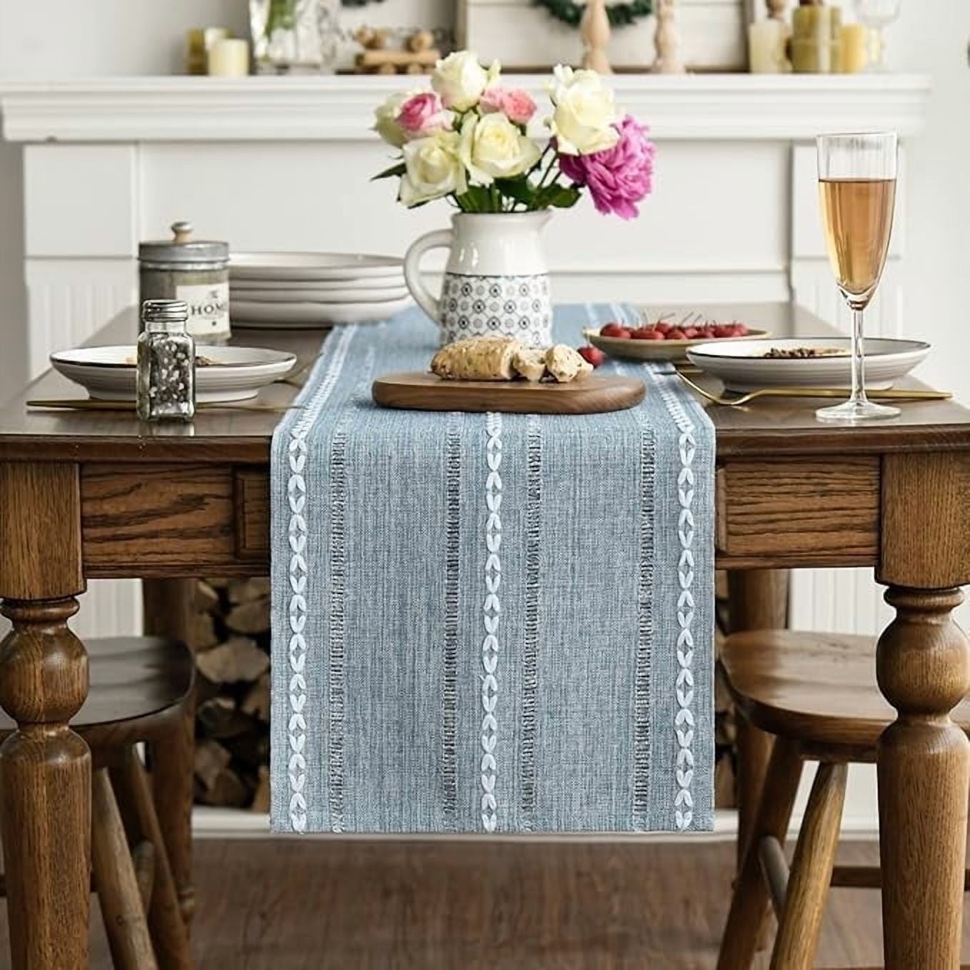 Sm:)e Linen Table Runner for Dining Table 13 x 90 Inch Light Blue Burlap Linen Style Rustic Farmhouse Kitchen Dining Room Decoraton