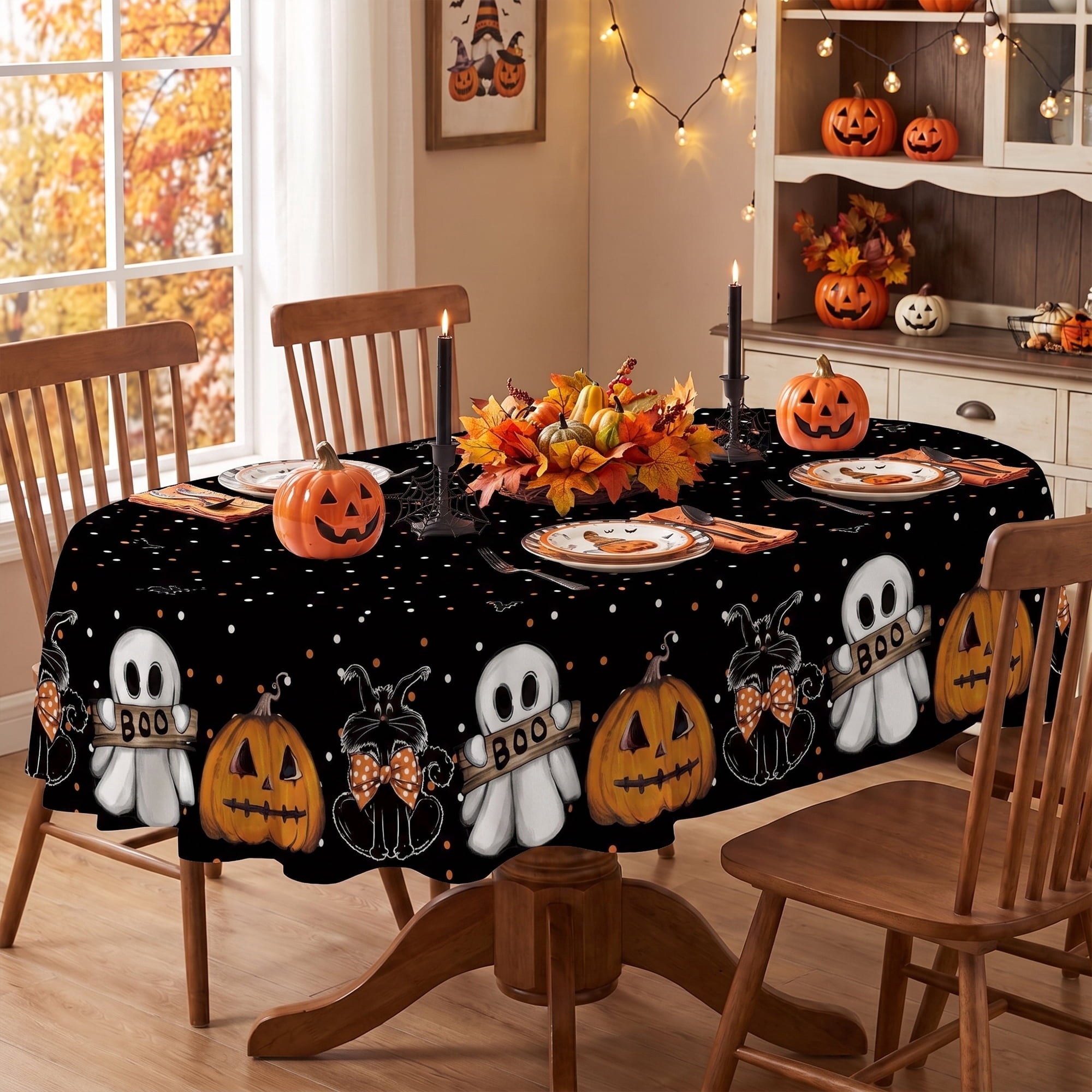 Sm:)e Ghost Cat Jack-O-Lantern Pumpkin Black Halloween Tablecloth 60 x 84 Inch,  Wrinkle-Resistant & Machine Washable Table Cover for Dining Decor, Oval