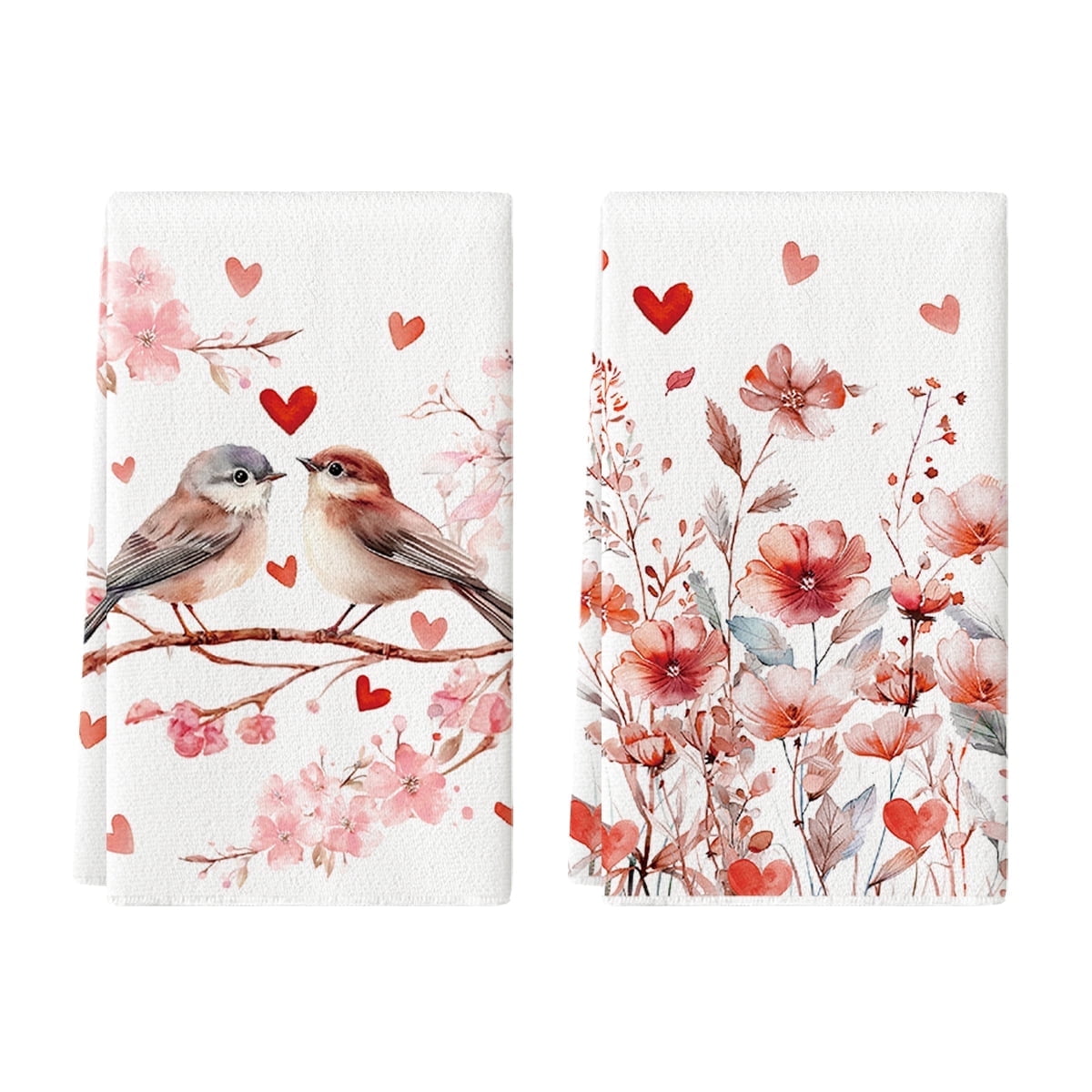 Sm:)e Valentine's Day Kitchen Dish Towels, 18x26 Inch, Set of 2, Couple Birds Pink Floral