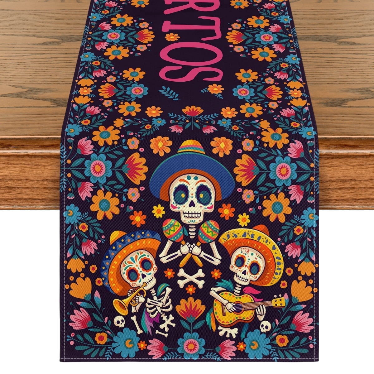 Sm:)e Suger Skull Halloween Table Runner 13x72 Inch,Watercolor Marigolds Skull Day of The Dead Table Runner，Supplies for kitchen Dining Roon,Halloween Home Party Decor