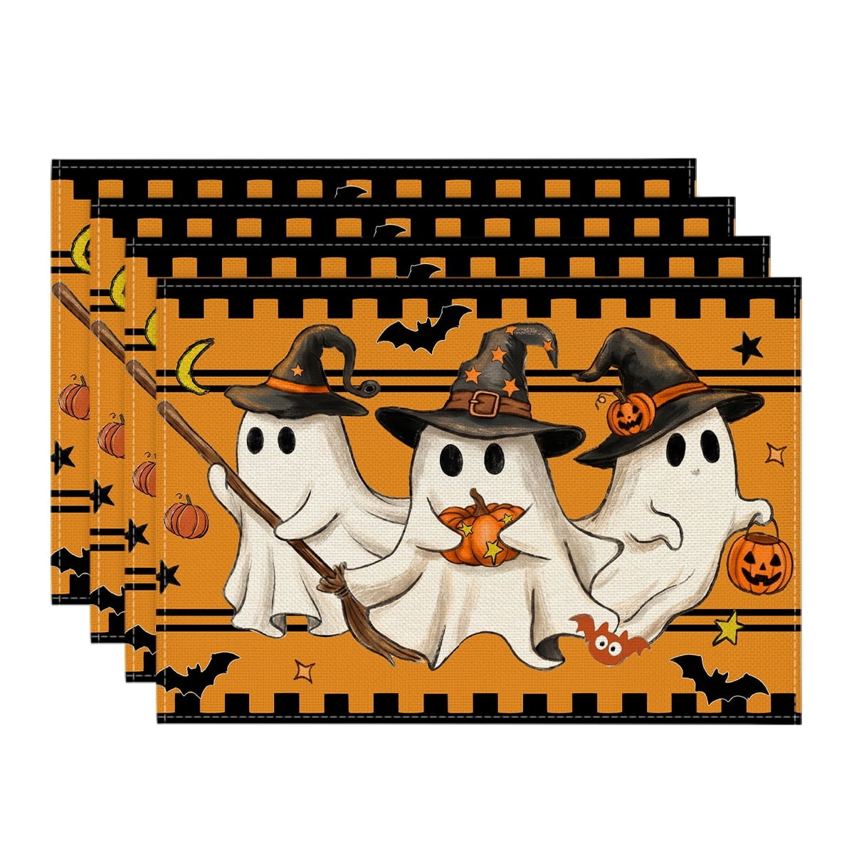 Sm:)e Jack-O'-Lantern Bat Ghost Broom Halloween Placemats Set of 4, 12x18 Inch Holiday Table Mats for Indoor Outdoor Party Dining Decoration