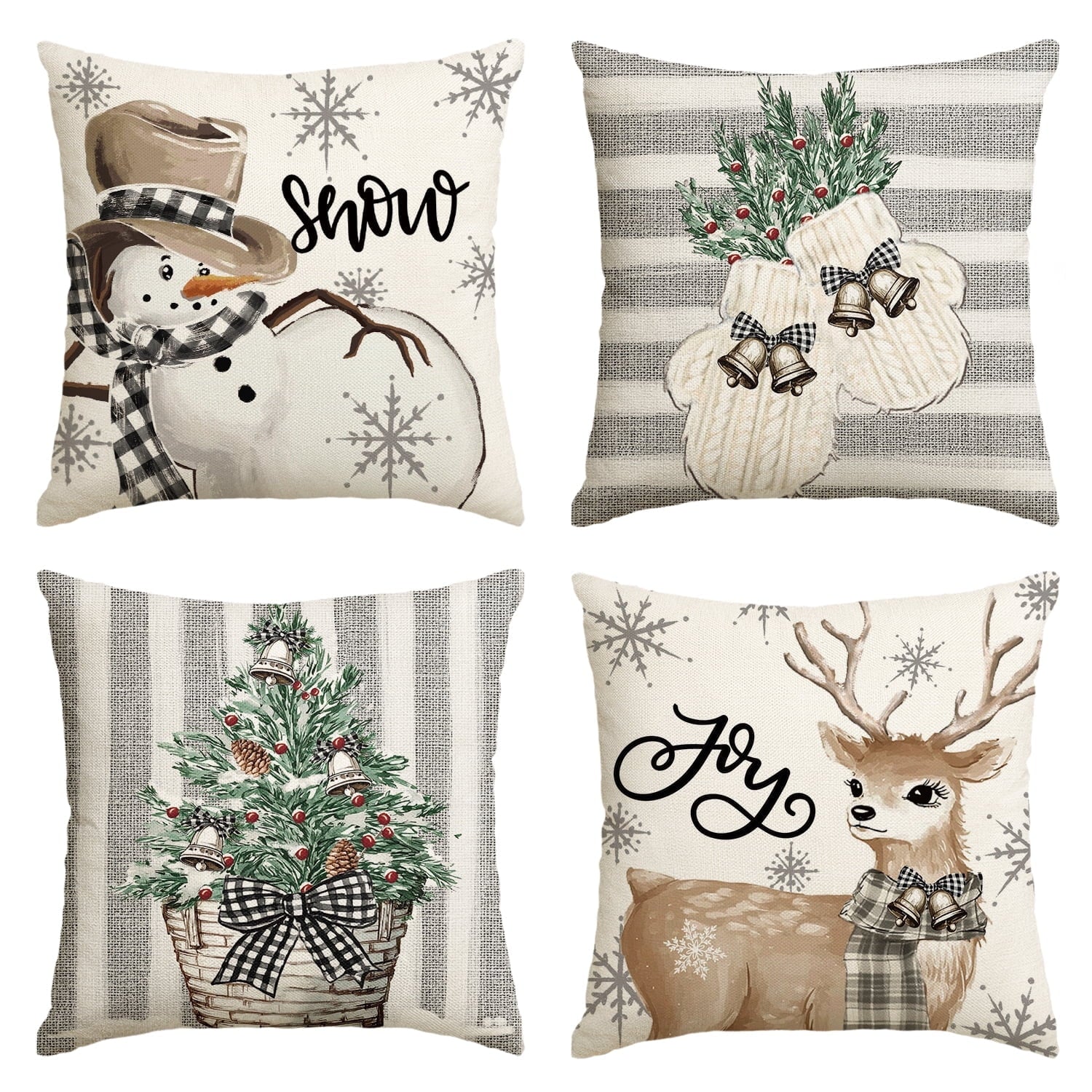 Sm:)e Christmas Snowman Reindeer Gloves Eucalyptus Throw Pillow Covers, 16 x 16 Inch Winter Holiday Stripes Cushion Case Decoration for Sofa Couch Set of 4
