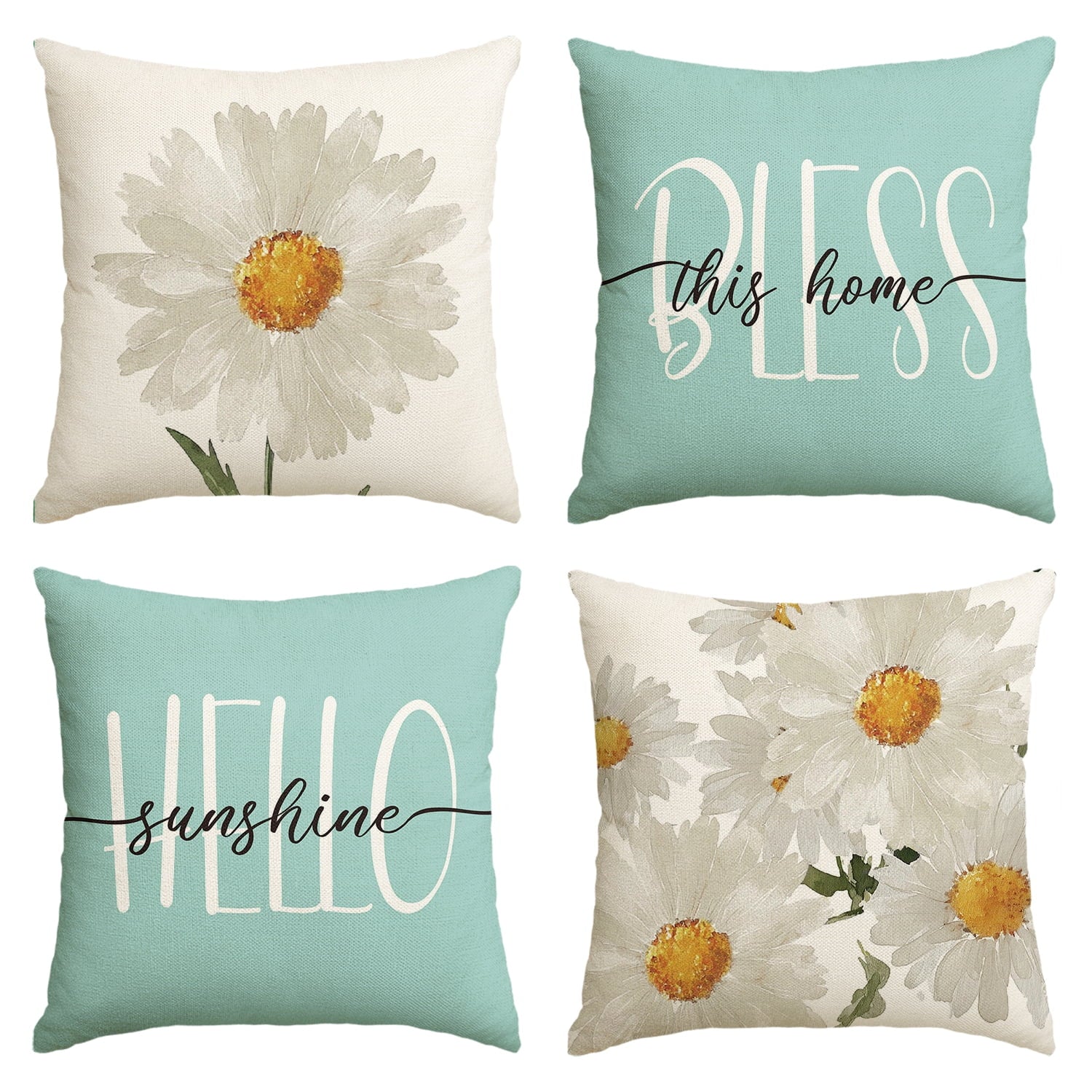 Sm:)e Bless Home Hello Sunshine Floral Spring Throw Pillow Covers Set of 4,18x18 Inch,Blue