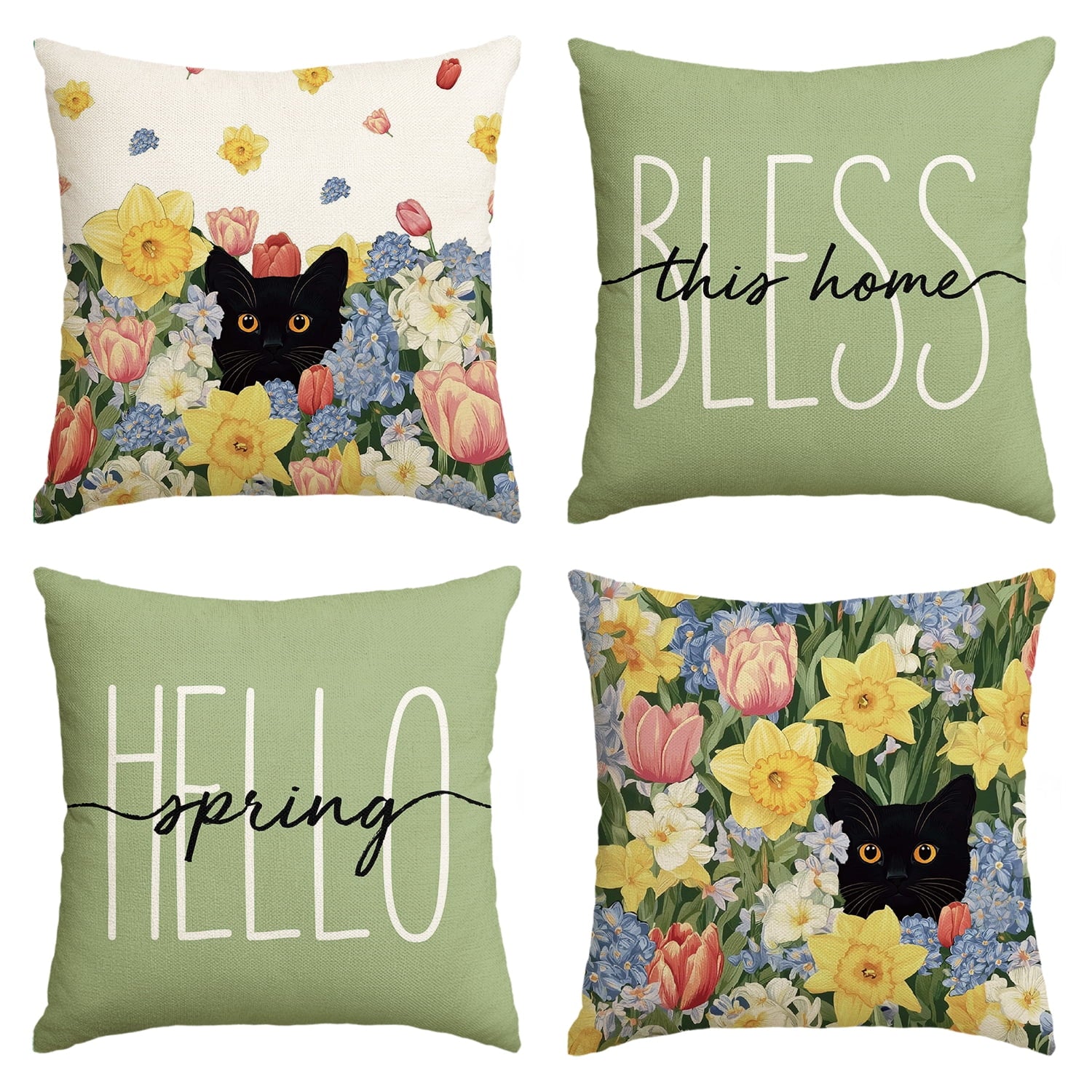 Sm:)e Flower Bless Home Black Cat Spring Throw Pillow Covers Set of 4,18x18 Inch,Multicolor