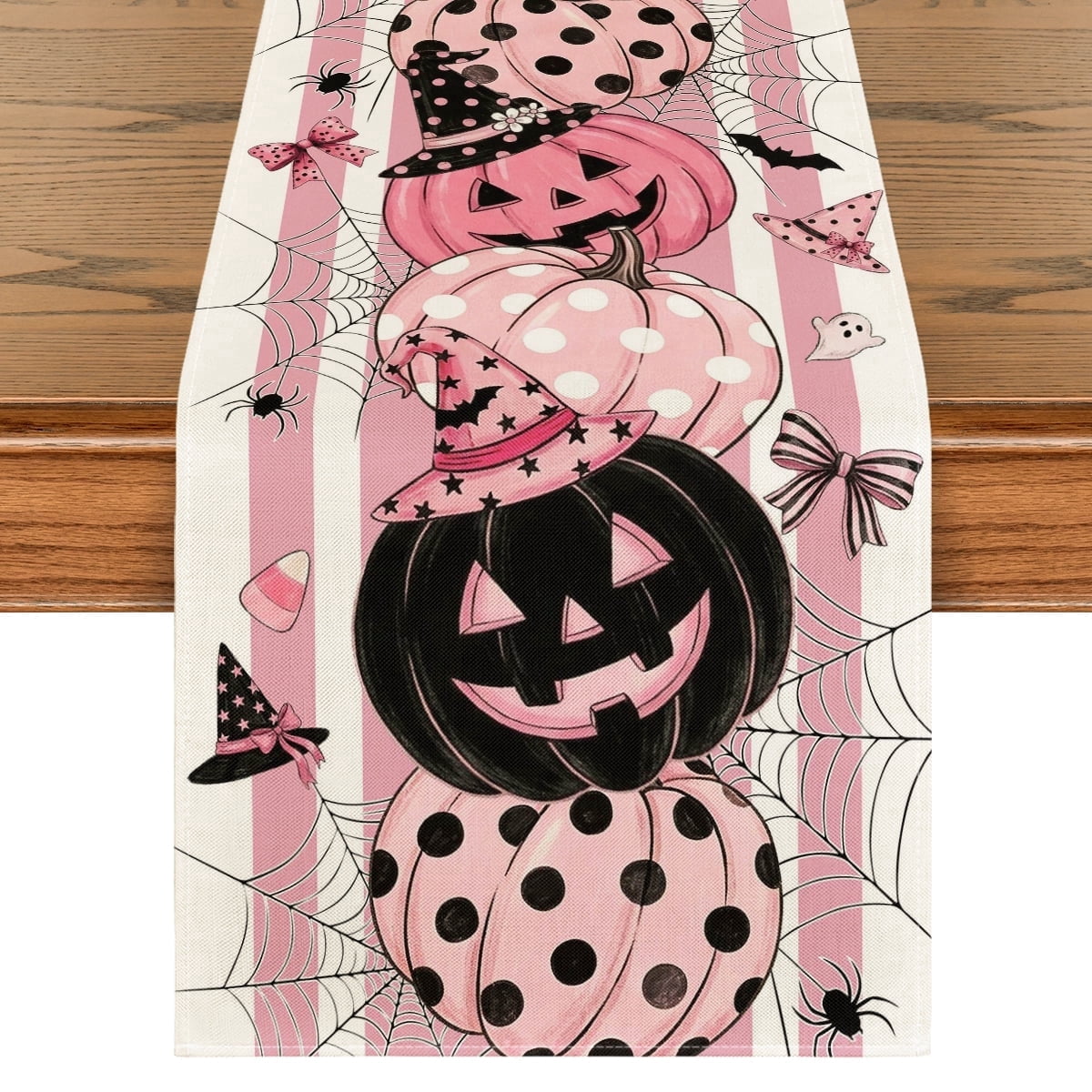 Sm:)e Polka Dot Pink Pumpkin Witch Hat Spider Web Ghost Bat Halloween Table Runner 13x72 Inch