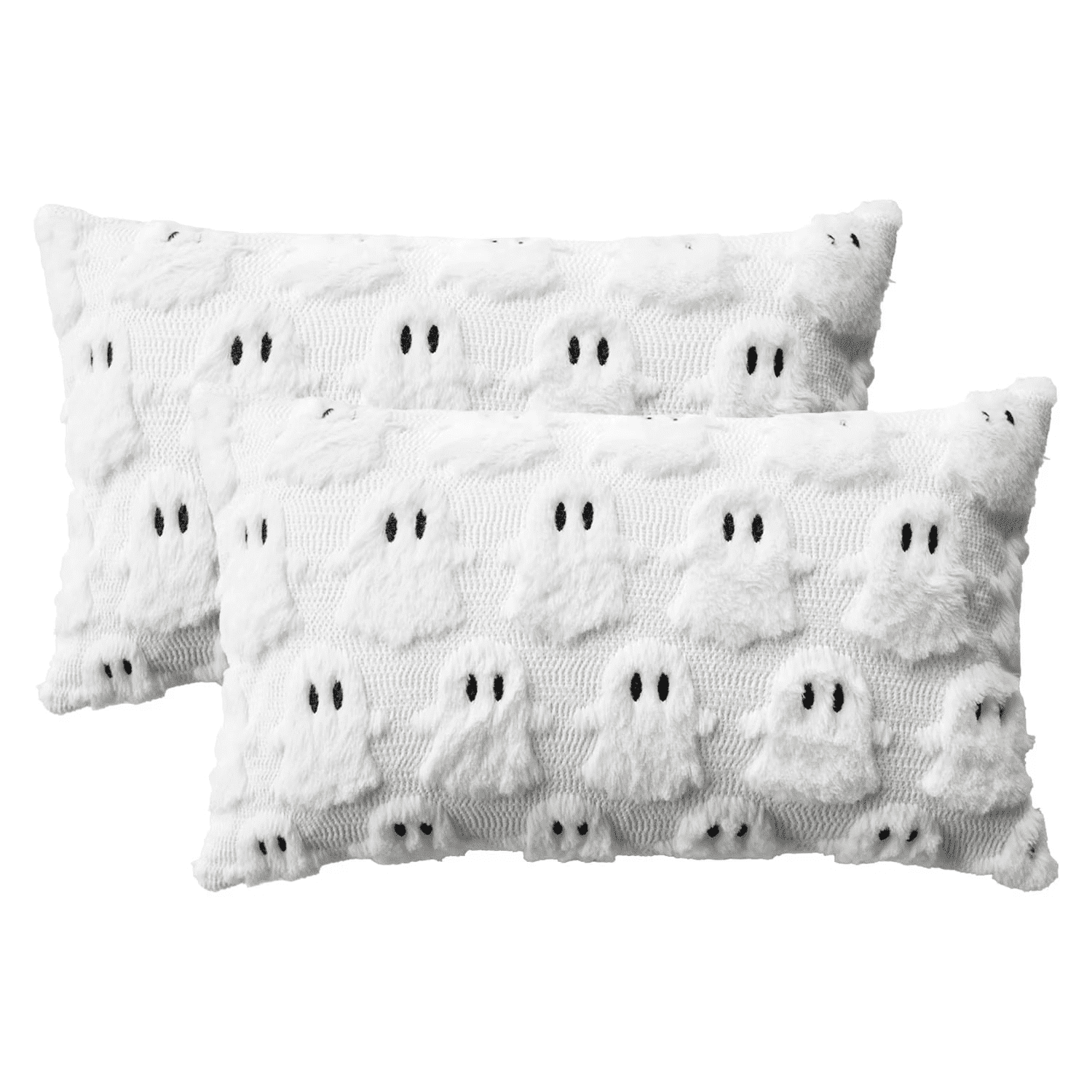 Sm:)e Halloween Goost Plush Faux Fur Jacquard Throw Pillow Cover 12x20 Inch White, Set of 2 Silky Soft Seasonal Cushion Case for Sofa Couch