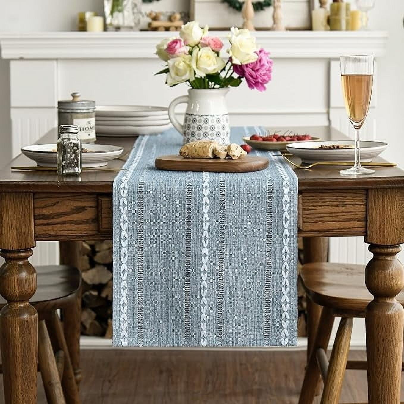 Sm:)e Linen Table Runner for Dining Table 13 x 120 Inch Light Blue Burlap Linen Style Rustic Farmhouse Kitchen Dining Room Decoraton