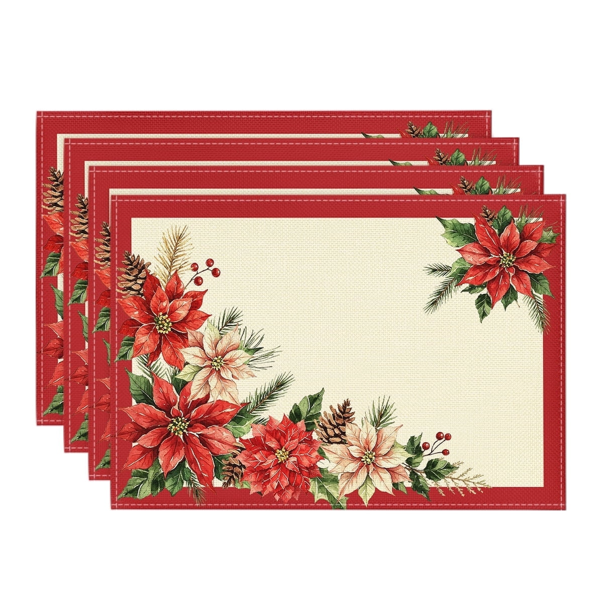 Sm:)e Red Border & Poinsettia Christmas Placemats 12 x 18 Inch, Set of 4, Winter Table Decor Supplies for Kitchen Dining & Holiday Party