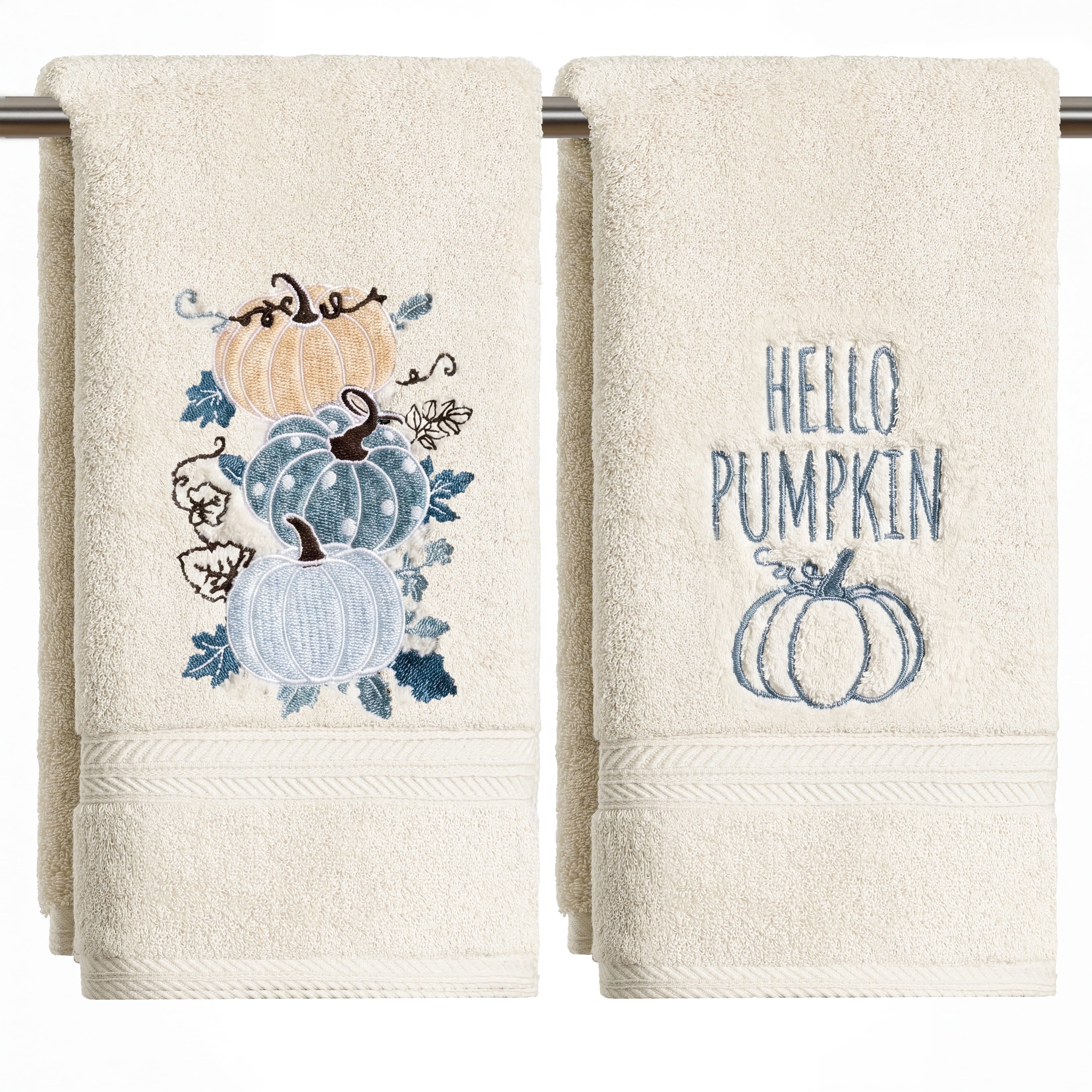 Sm:)e 2 Pcs Multi Stacked Blue Pumpkin Maple Leaf Vine Embroidered Fall Hand Towels, 100% Cotton Soft Home Decor Dish Towels, 18 x 26 Inch