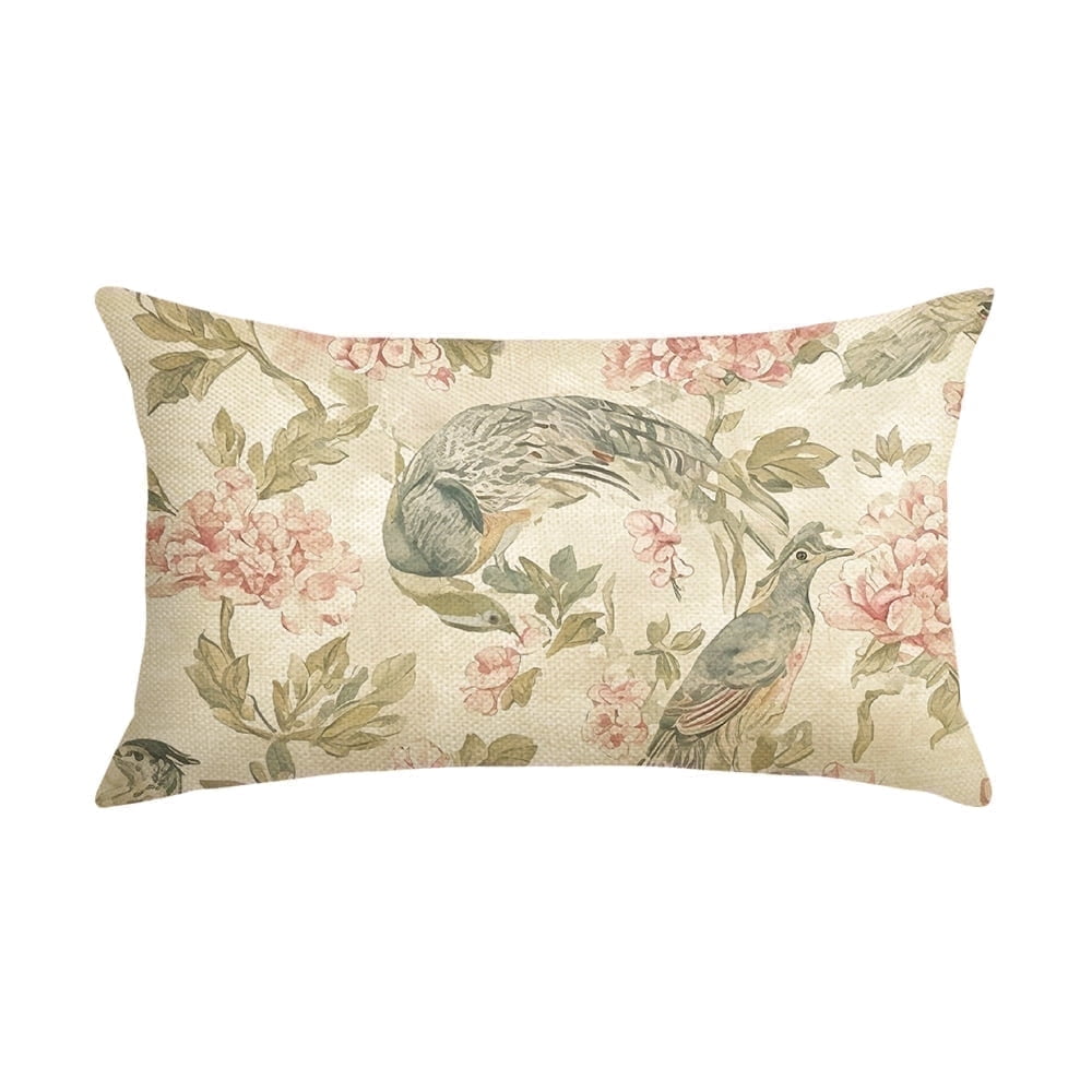 Sm:)e Chinoiserie Flowers Birds Light Green Throw Pillow Cover, Cushion Case Outdoor Decoration for Sofa Couch Farmhouse 12x20 Inch