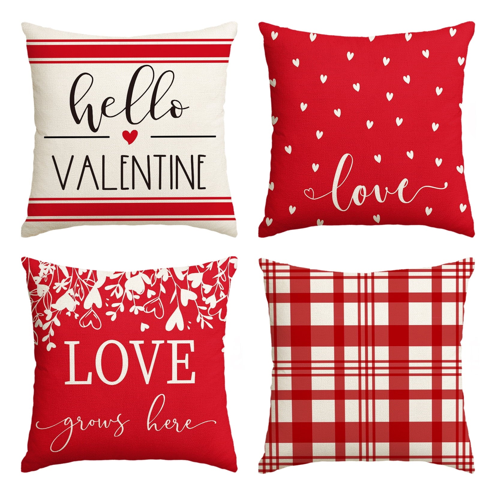 Sm:)e Valentine's Day Red and White Love Throw Pillow Covers, 16 x 16 Inch Hello Valentine Plaid Wedding Cushion Case Decoration for Sofa Couch Set of 4
