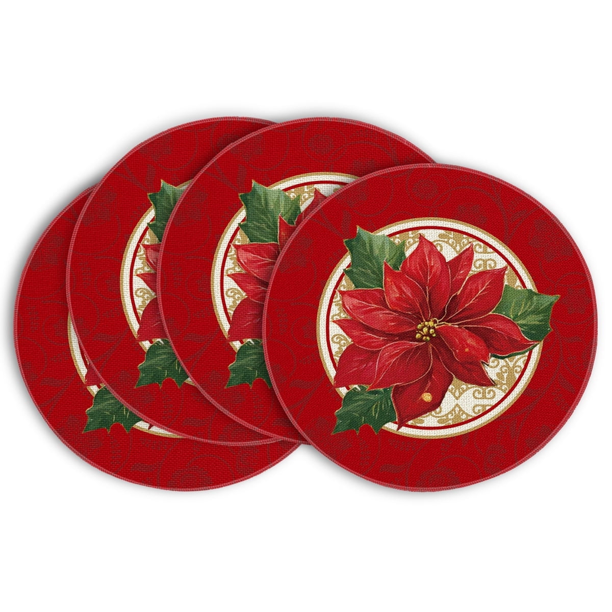 Smile Watercolor Poinsettia Red Christmas Round Placemats Set of 4, 15 Inch Winter Xmas Holiday Round Table Mats for Dining Decoration