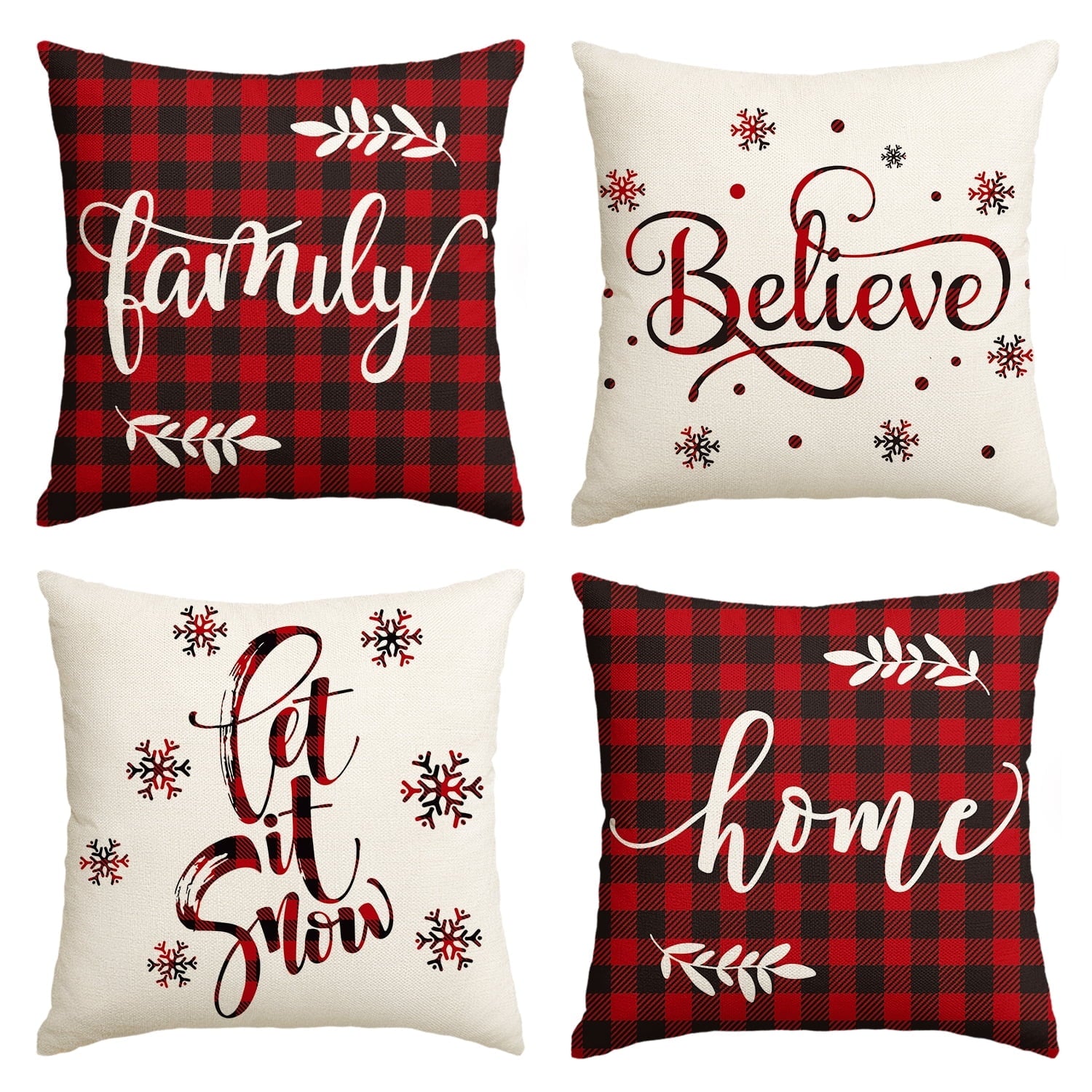 Sm:)e Let It Snow Family Home Together Christmas Pillow Covers Buffalo Plaid 18 x 18 Inch, Set of 4 Square Winter Xmas Decorative Farmhouse Outdoor Throw Pillow Case