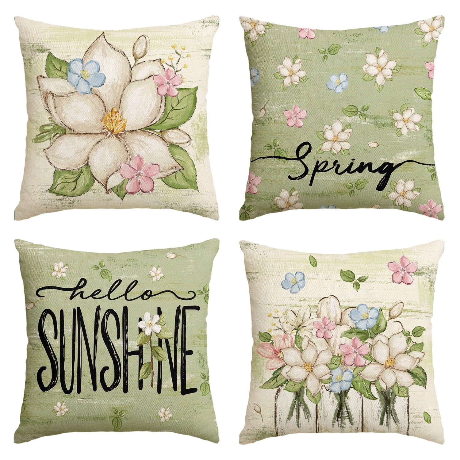 Sm:)e Hello Sunshine Floral Spring Throw Pillow Covers Set of 4,18x18 Inch,Green,Watercolor