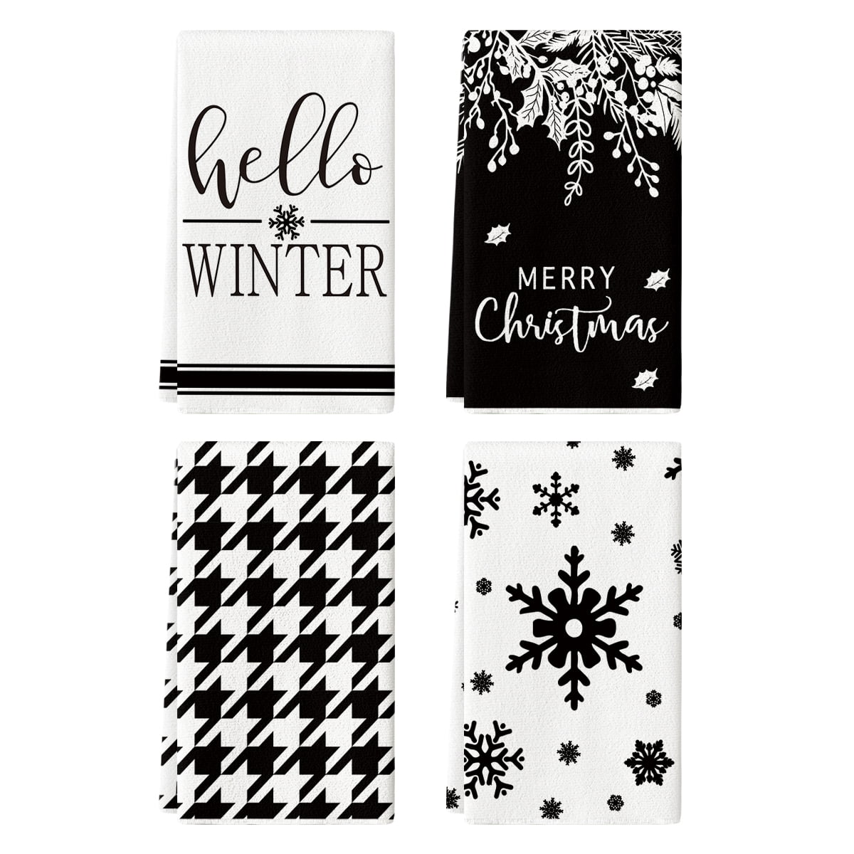 Sm:)e Black Buffalo Plaid Snowflake Merry Christmas Kitchen Towels Dish Towels, 18x26 Inch Stripes Leaves Winter Decoration Hand Towels Set of 4