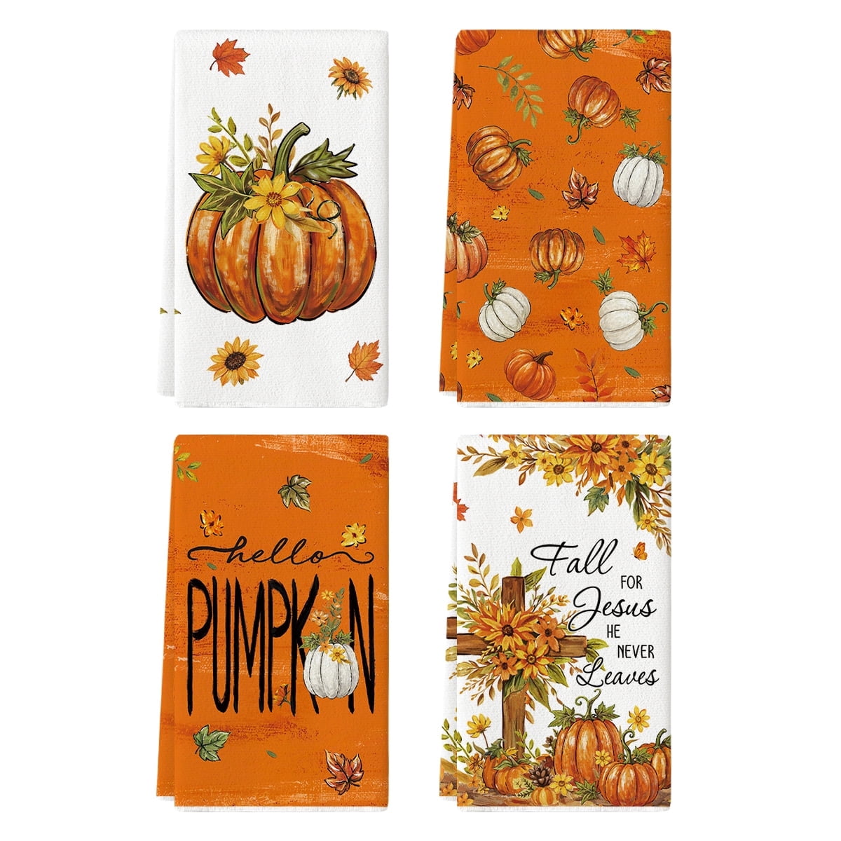 Sm:)e Hello Pumpkin Fall Dish Towels Set of 4, 18x26 Inch Christian Thanksgiving Kitchen Decor Hand Towels