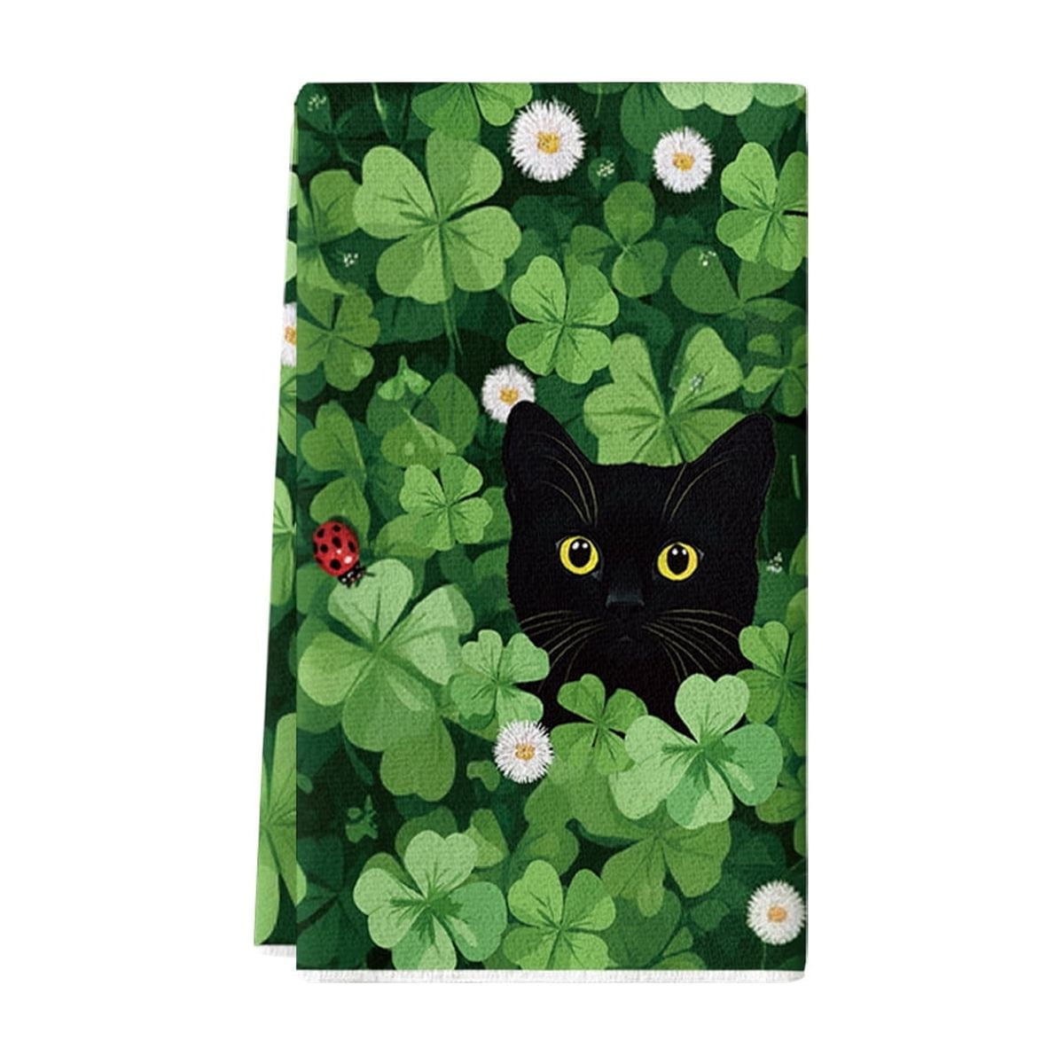Sm:)e Black Cat Green Shamrock Saint Patricks Day Kitchen Dish Towels 18x26 Inch Set of 1
