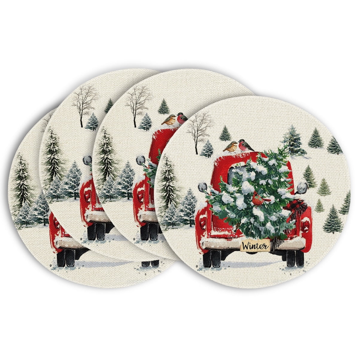 Smile Watercolor Red Christmas Placemats Set of 4 Round 15 Inch Seasonal Winter Xmas Holiday Table Mats