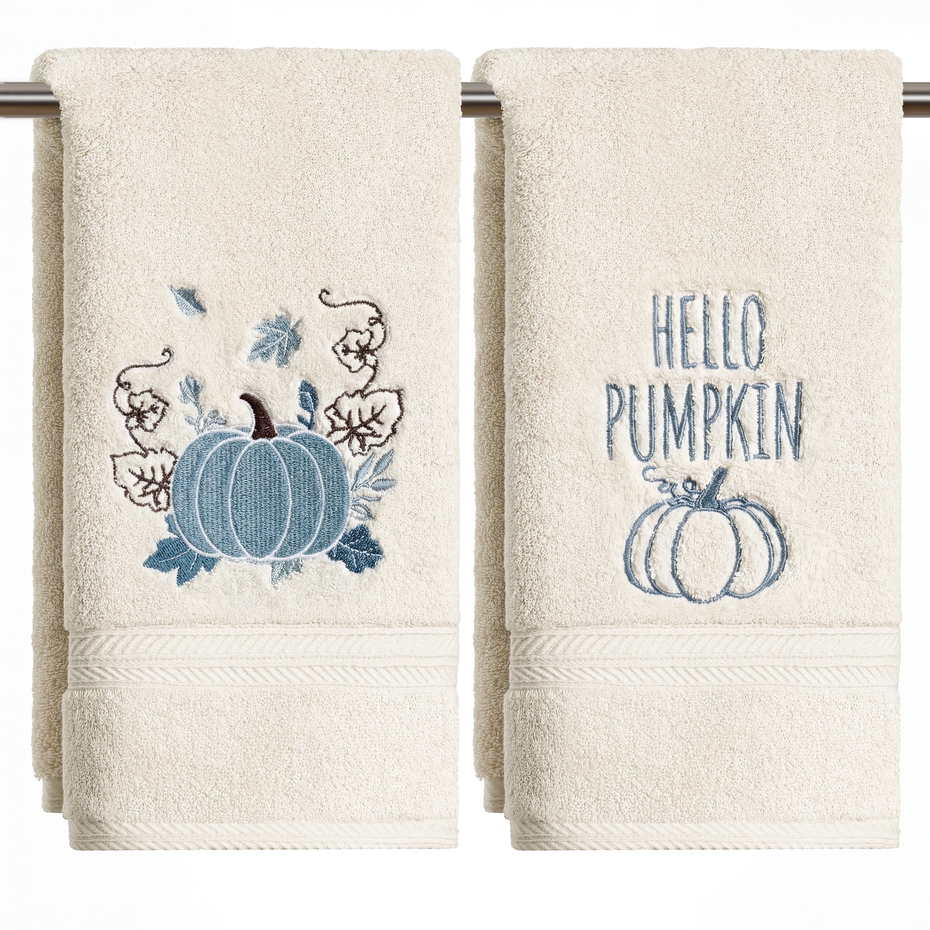 Sm:)e 2 Pcs Maple Leaf Vine Blue Pumpkin Embroidered Fall Hand Towels, 100% Cotton Soft Home Decor Towels, 18 x 26 Inch